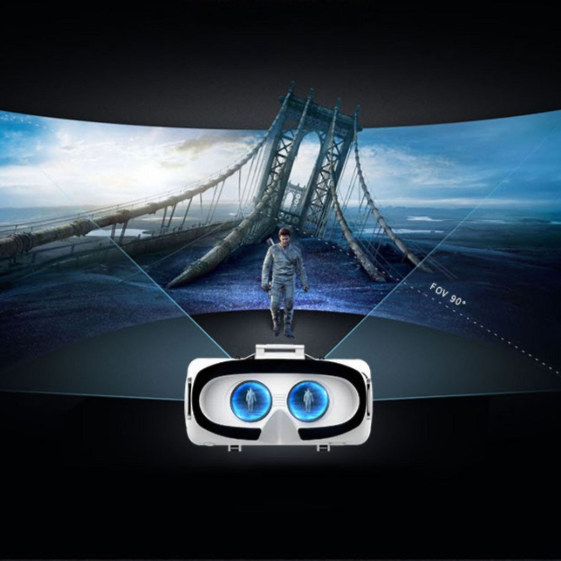 Ein Mann steht auf einer zerstörten Brücke, VR-Brille im Vordergrund.