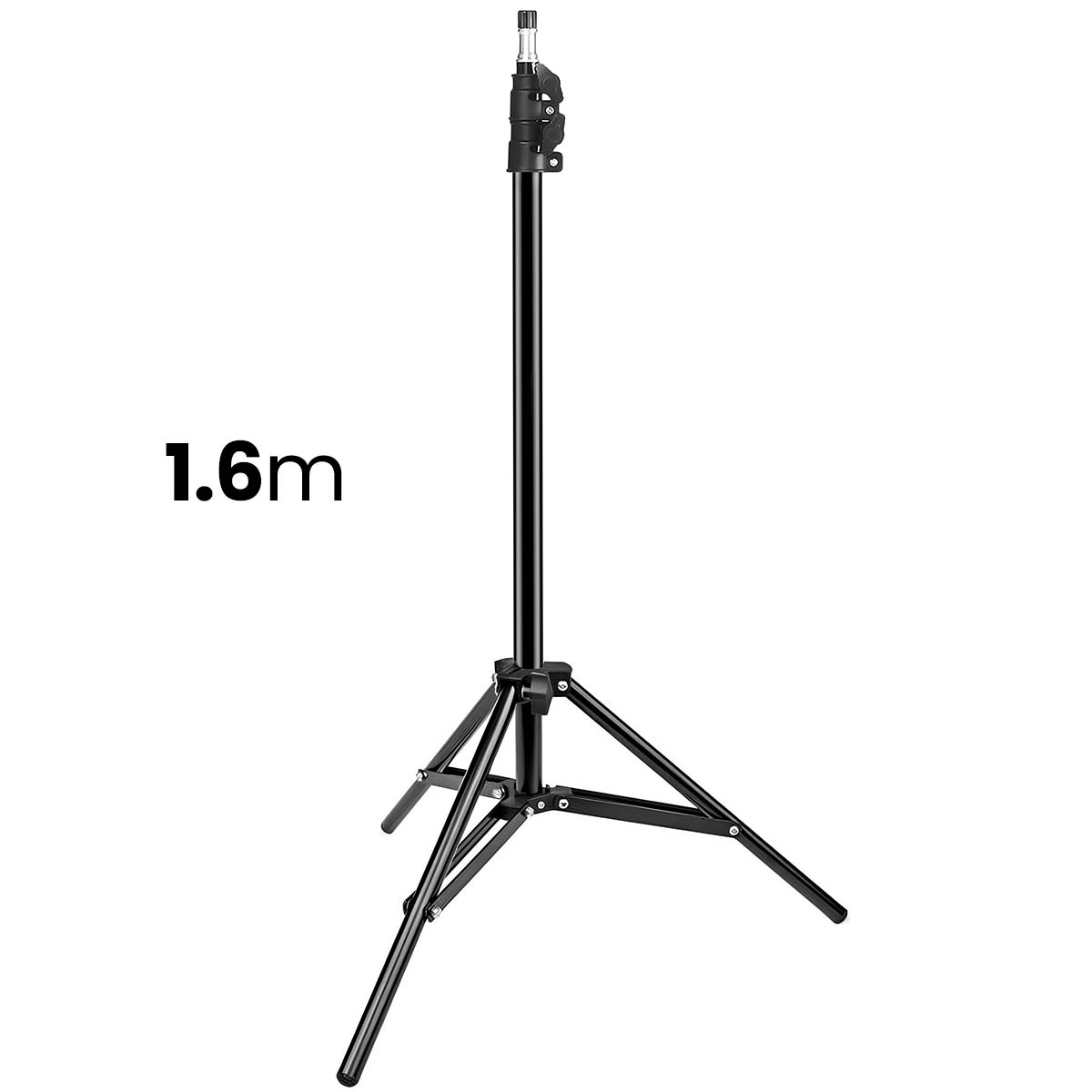 Un soporte de luz negro, de 1,6 m de altura, sobre fondo blanco.