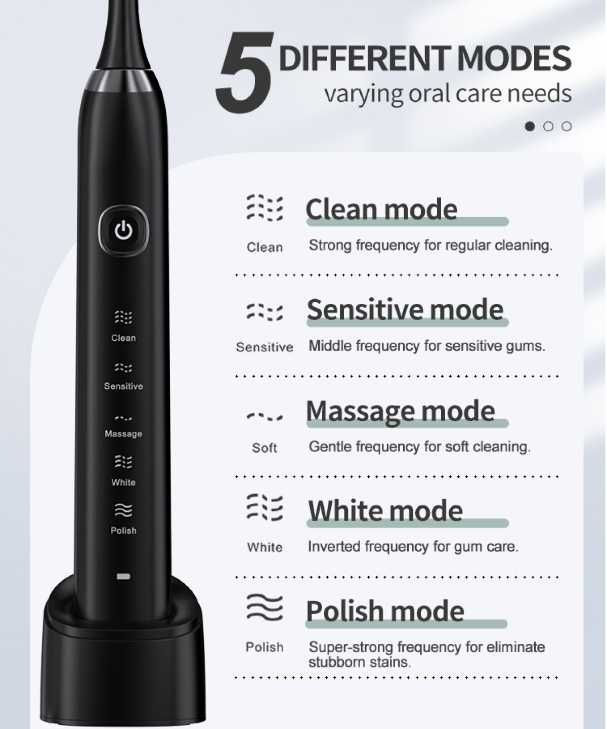 Schwarze Zahnbürste mit 5 Reinigungsmodi: Clean, Sensitive, Massage, White, Polish.