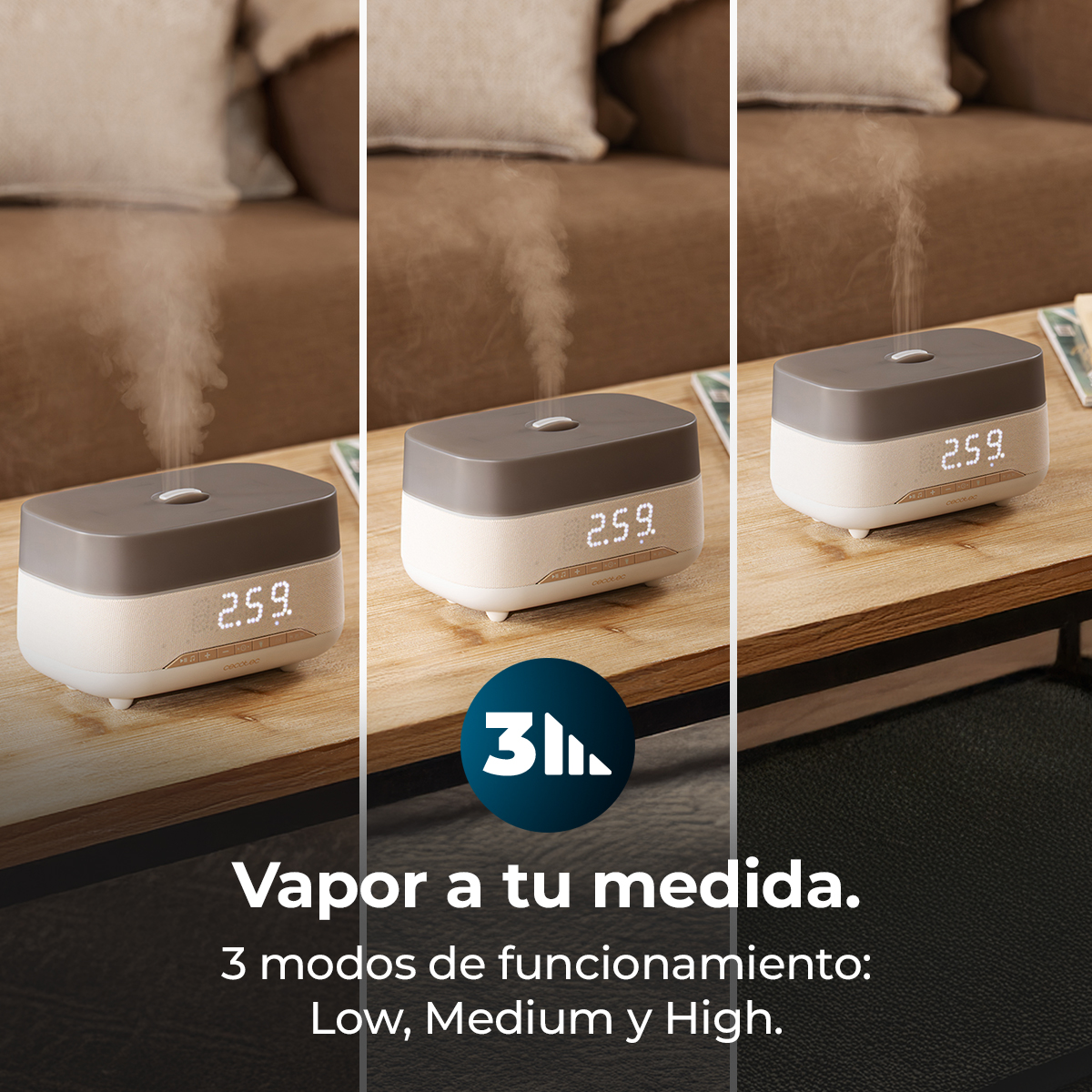 Un diffusore emette vapore con un display digitale che mostra 2:59.