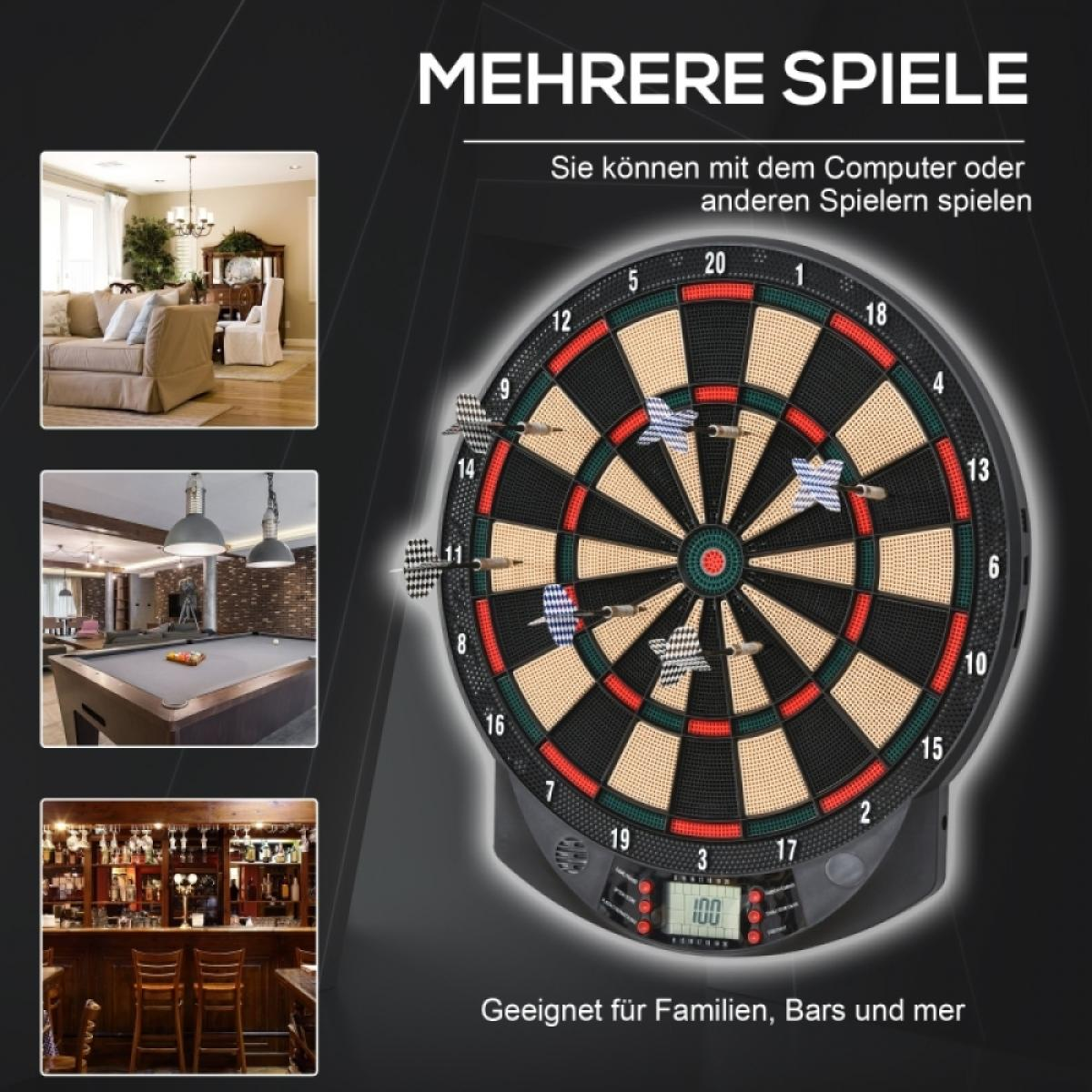 Ein Dartspiel mit Wohnzimmer, Billard und Bar-Bildern.