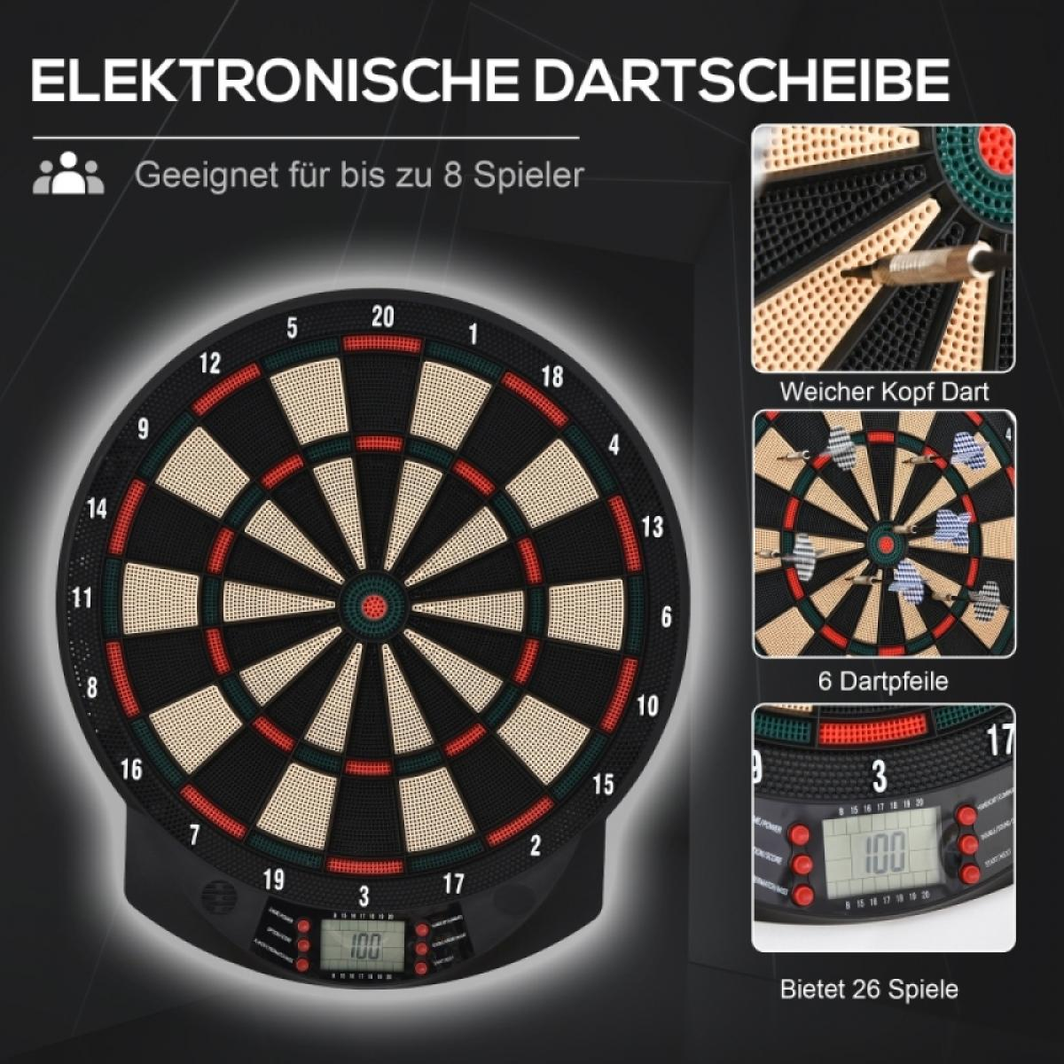 Elektronische Dartscheibe mit Zahlen, Spielern und Ergebnisanzeige.