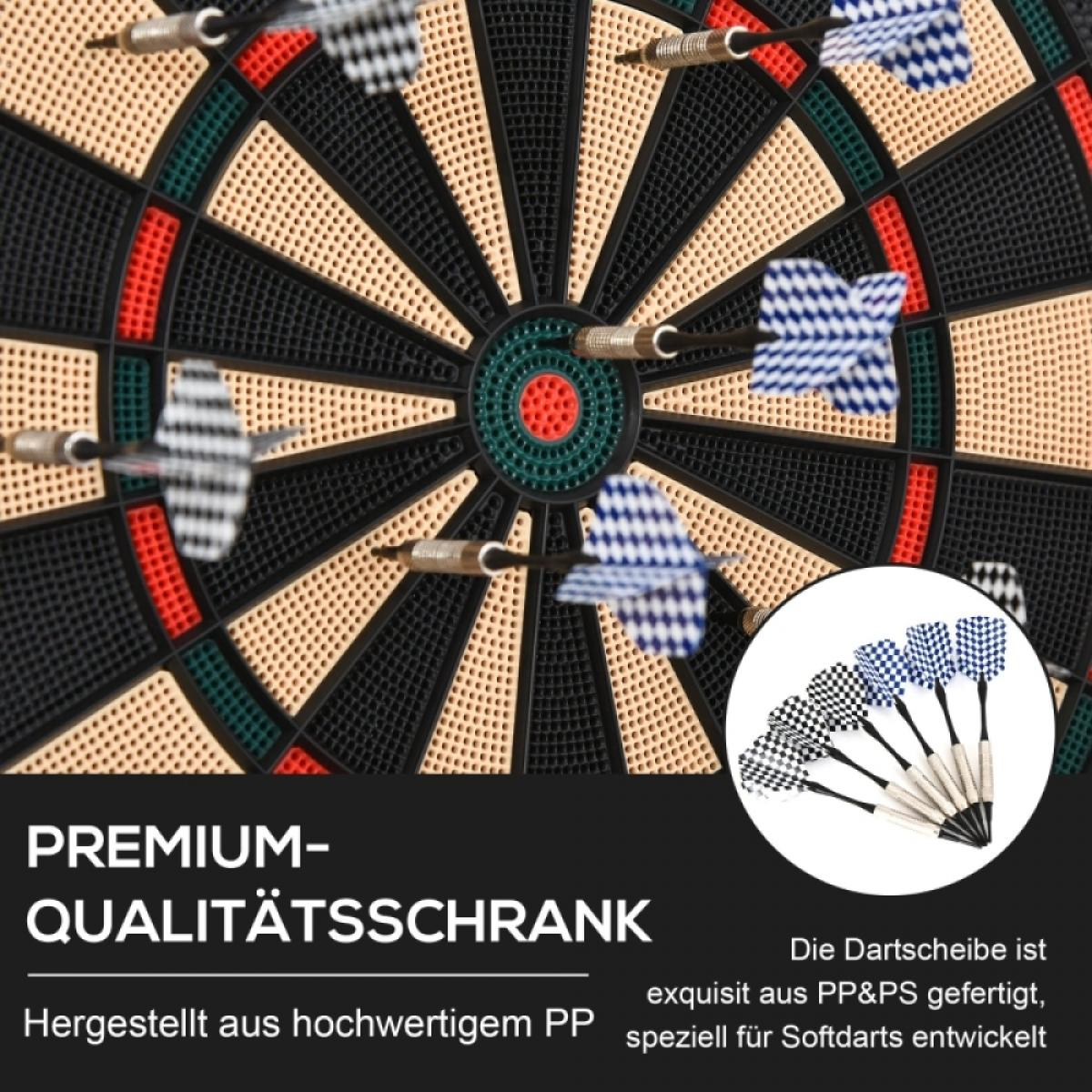 Dartscheibe mit mehreren Dartpfeilen, einige stecken in der Scheibe.