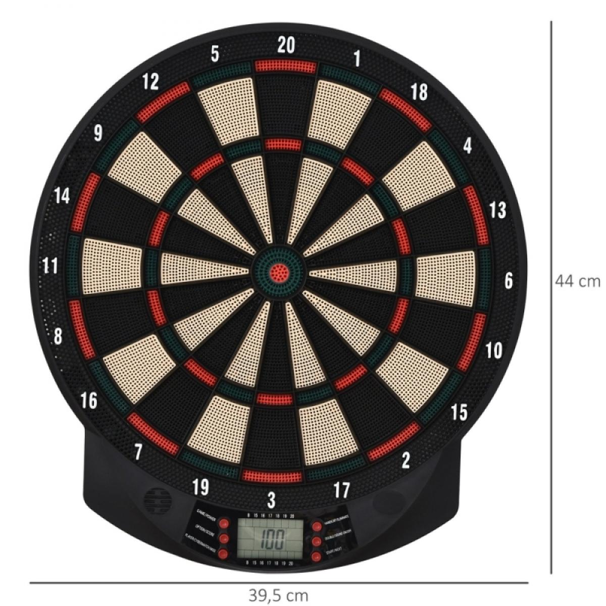 Elektronische Dartscheibe mit nummerierten Segmenten, digitaler Anzeige '100' und Maßen 39,5x44 cm.