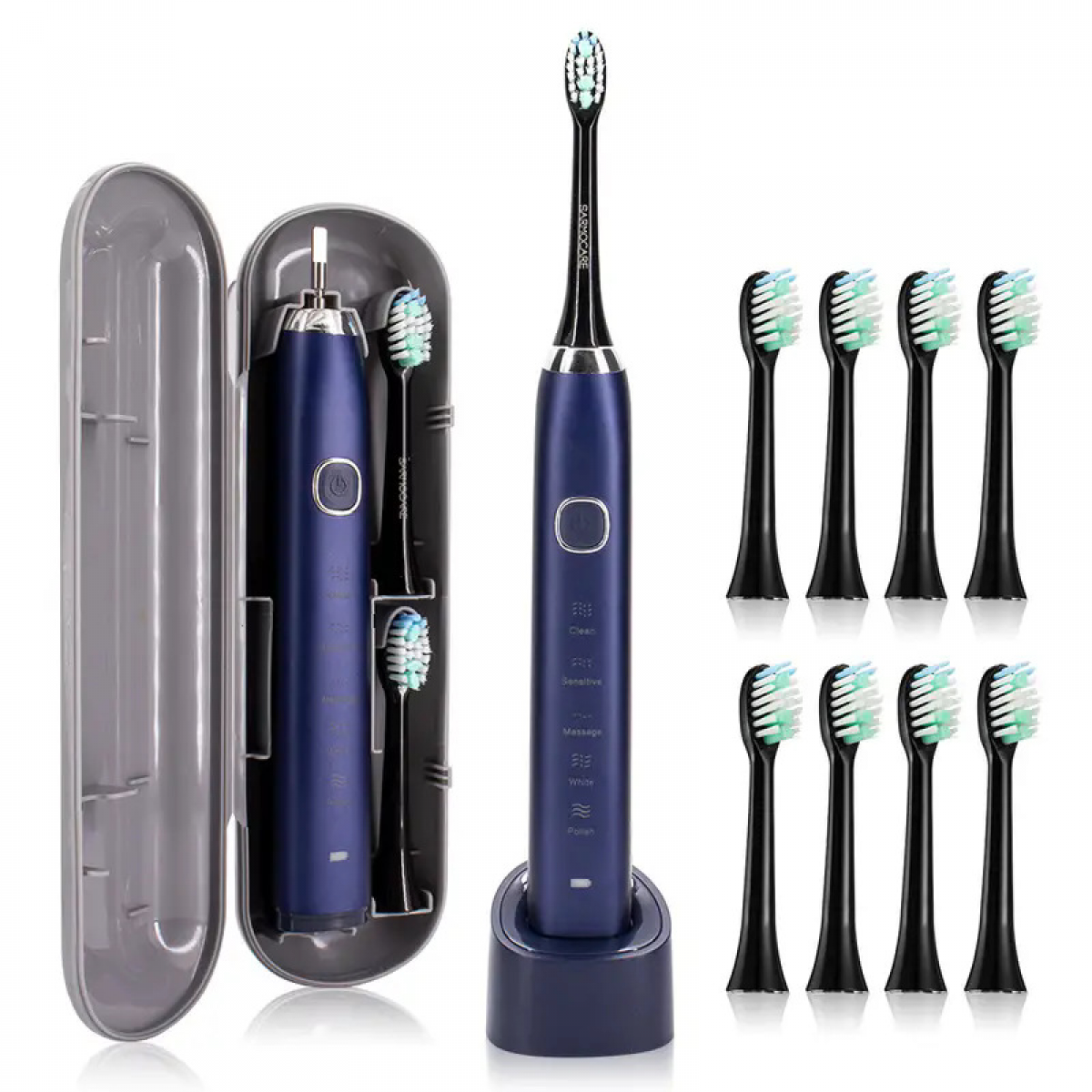 Ein blaues Schallzahnbürsten-Set mit Ladestation, Reiseetui und Ersatzbürstenköpfen.