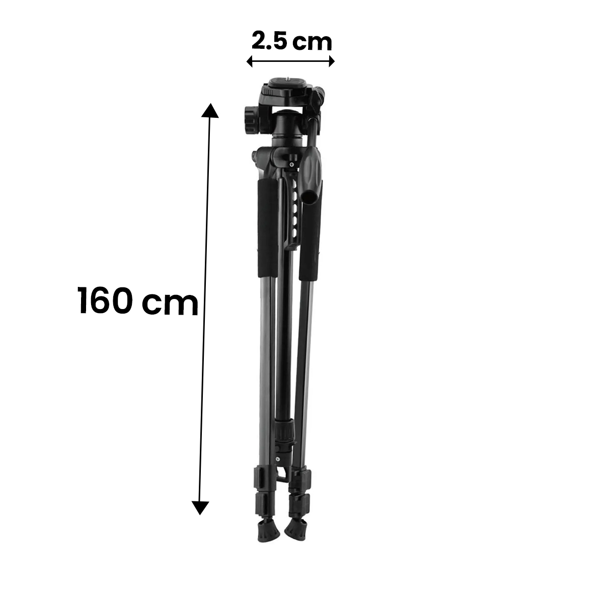 Un trípode negro que mide 160 cm de alto y 2,5 cm de ancho.