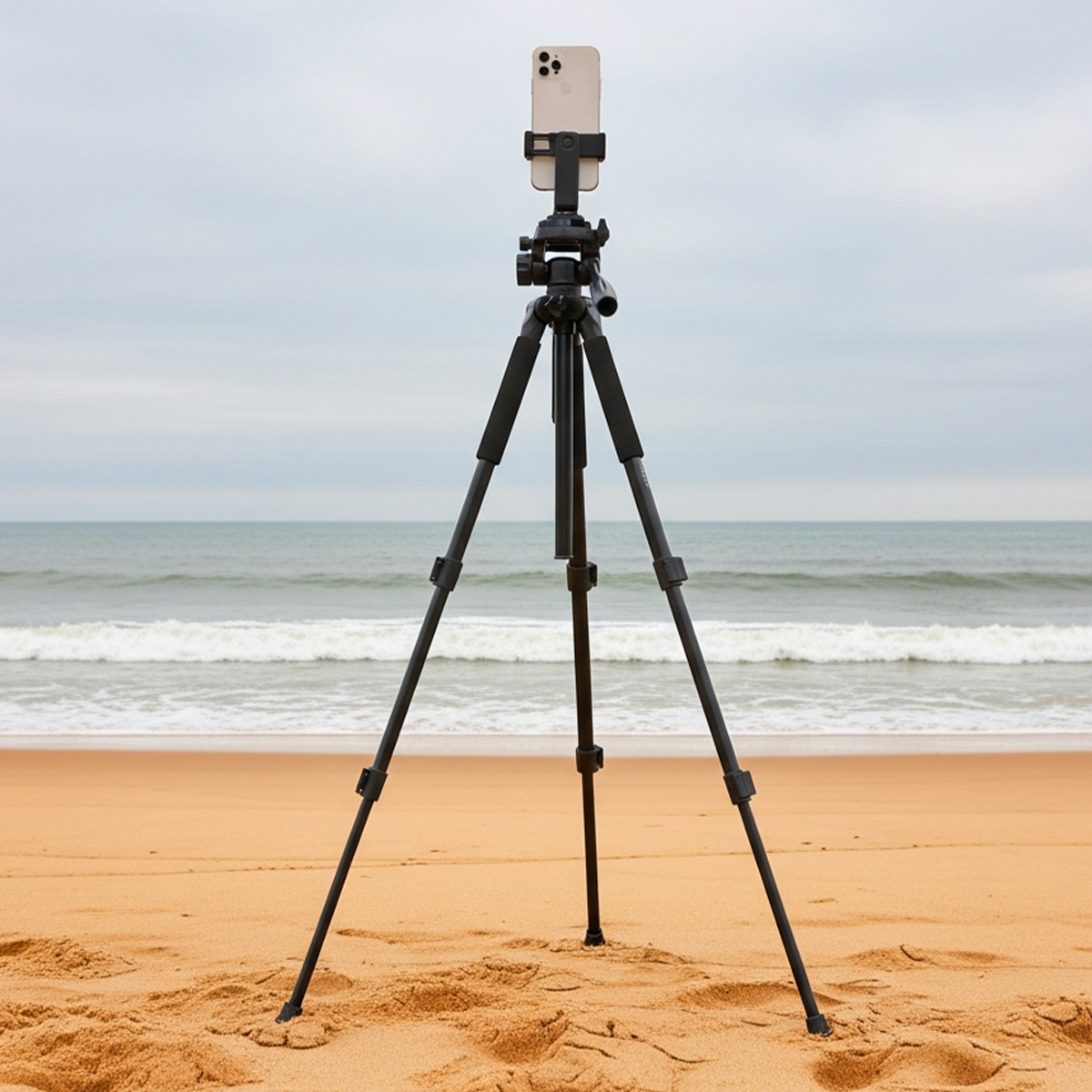 Un teléfono en un trípode en una playa de arena con el océano y el cielo nublado de fondo.