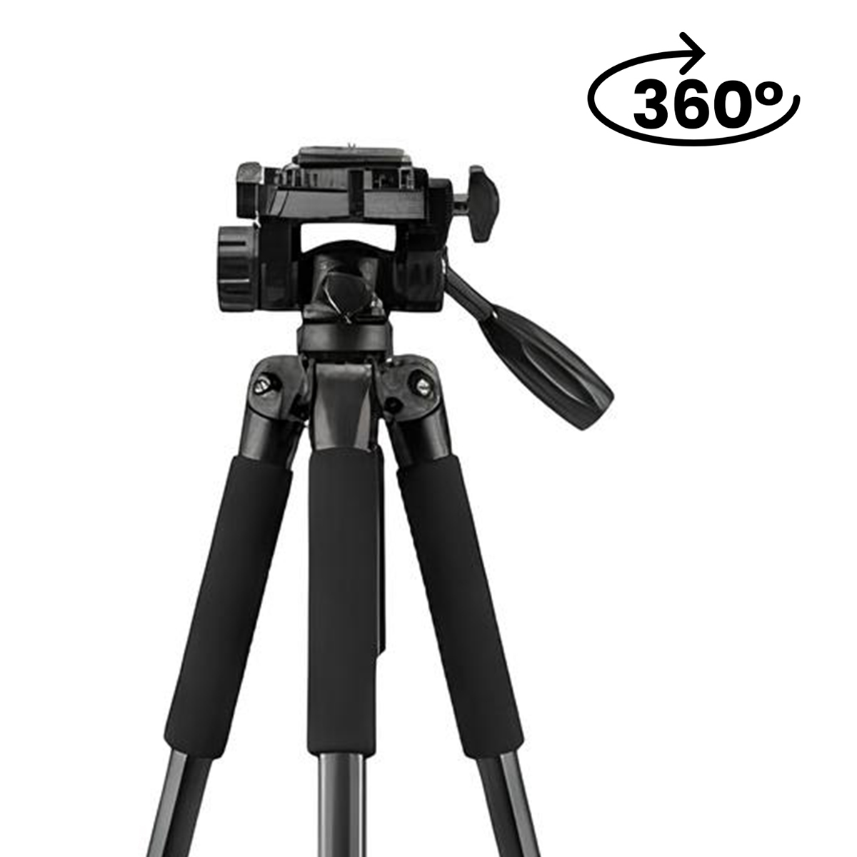 Un trípode negro con símbolo de 360 grados.