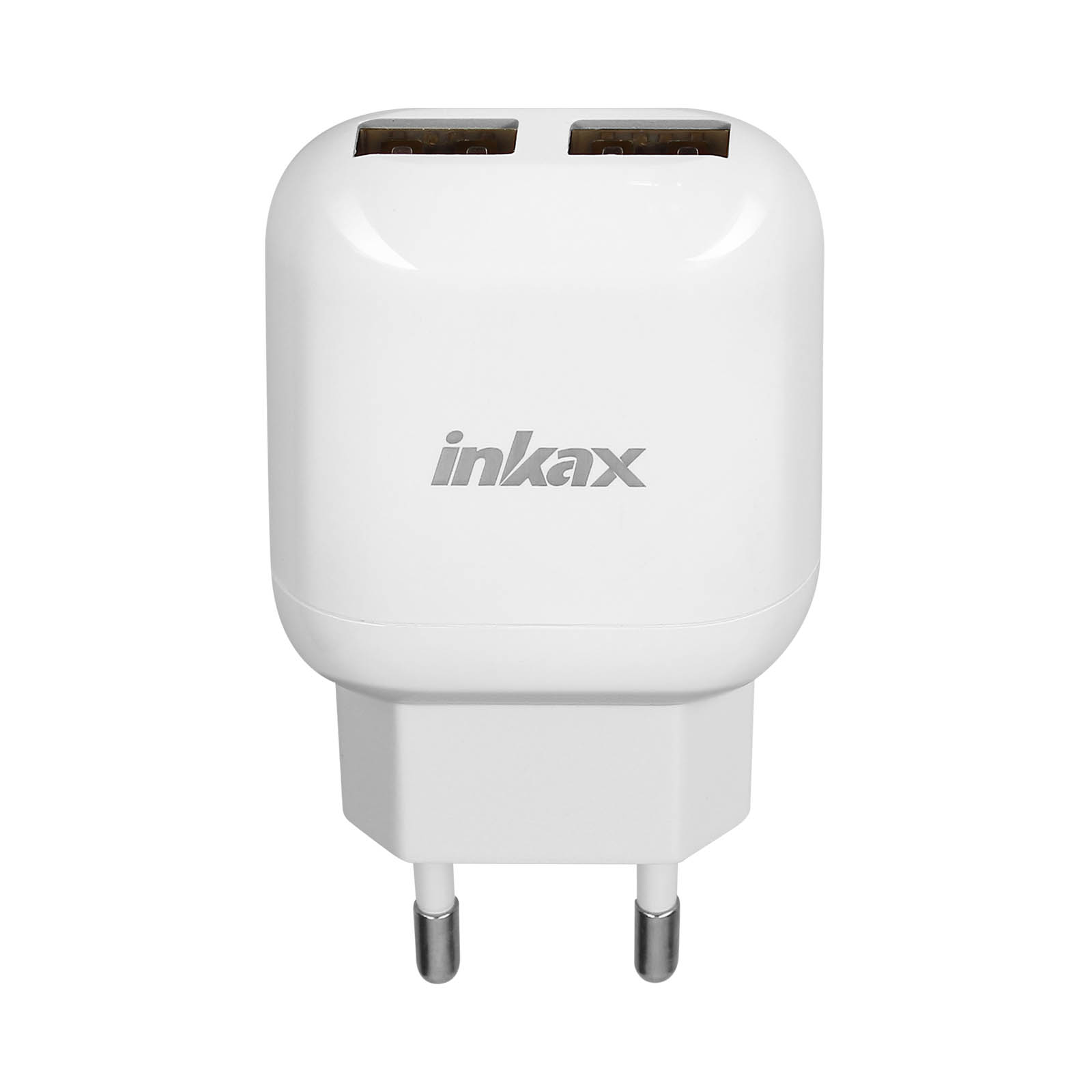 Un adattatore caricatore USB bianco a doppia porta con logo 'inkax'.