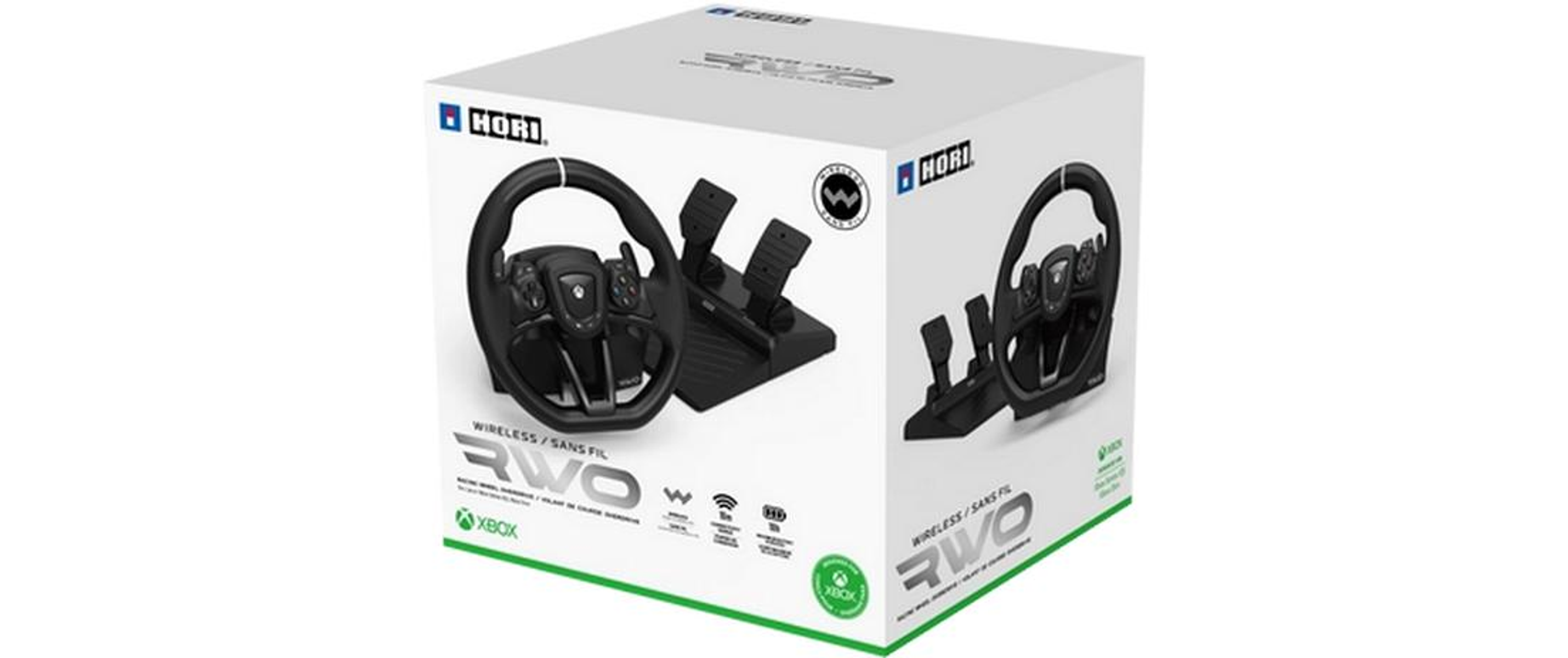 Pudełko z czarną kierownicą wyścigową i pedałami do Xboxa.