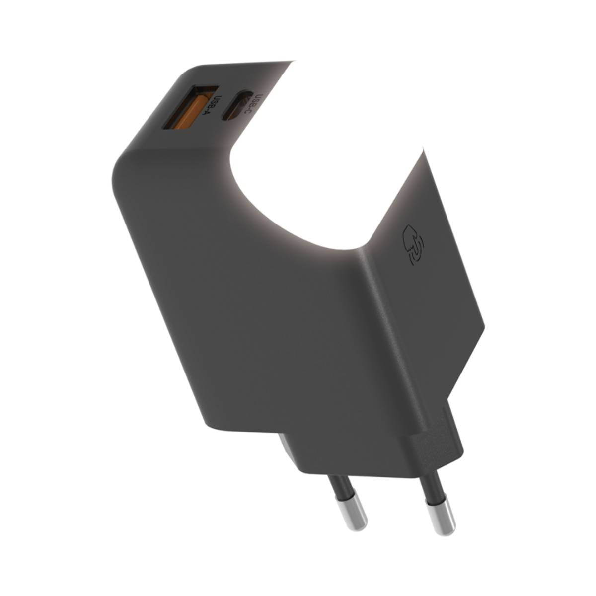 Una spina di ricarica USB scura con due porte USB e due pin metallici.