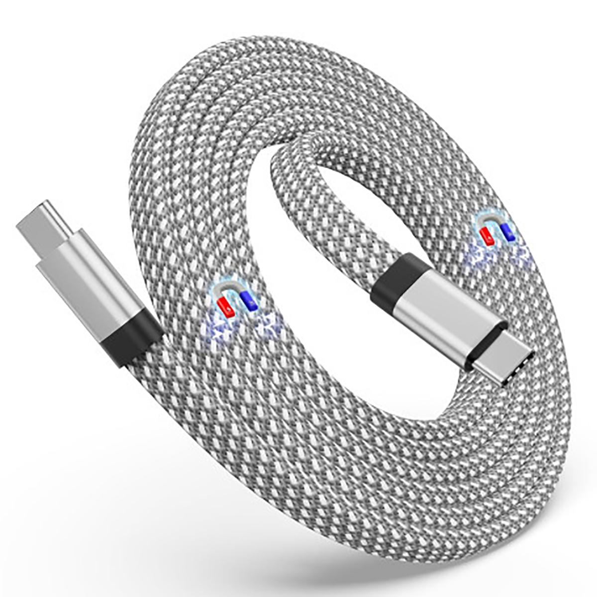 Un cavo USB-C argentato intrecciato con estremità magnetiche su sfondo bianco.