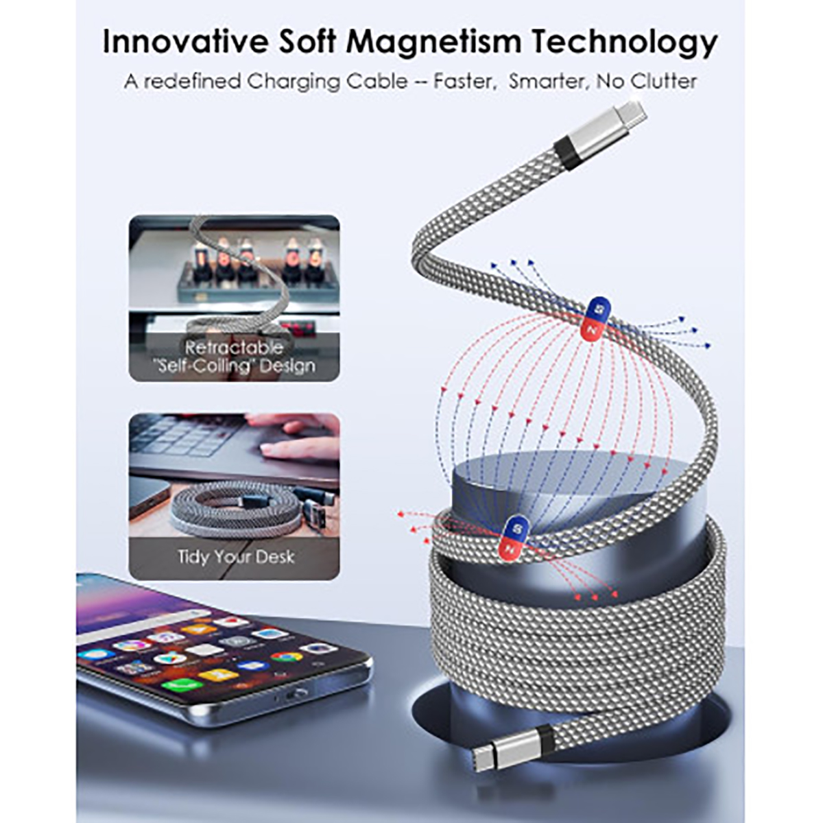 Cavo di ricarica intrecciato grigio con tecnologia magnetica, design auto-arrotolante.
