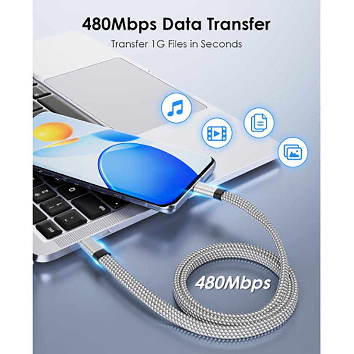 Un cavo USB-C collega uno smartphone a un laptop. Trasferimento dati 480Mbps.