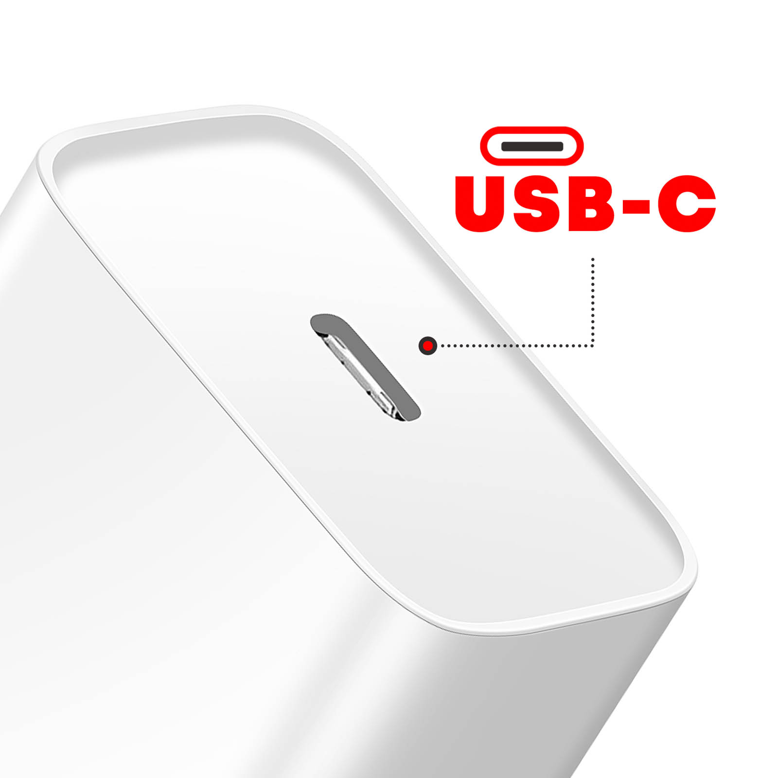 Un caricabatterie USB-C bianco con logo e porta rossi.