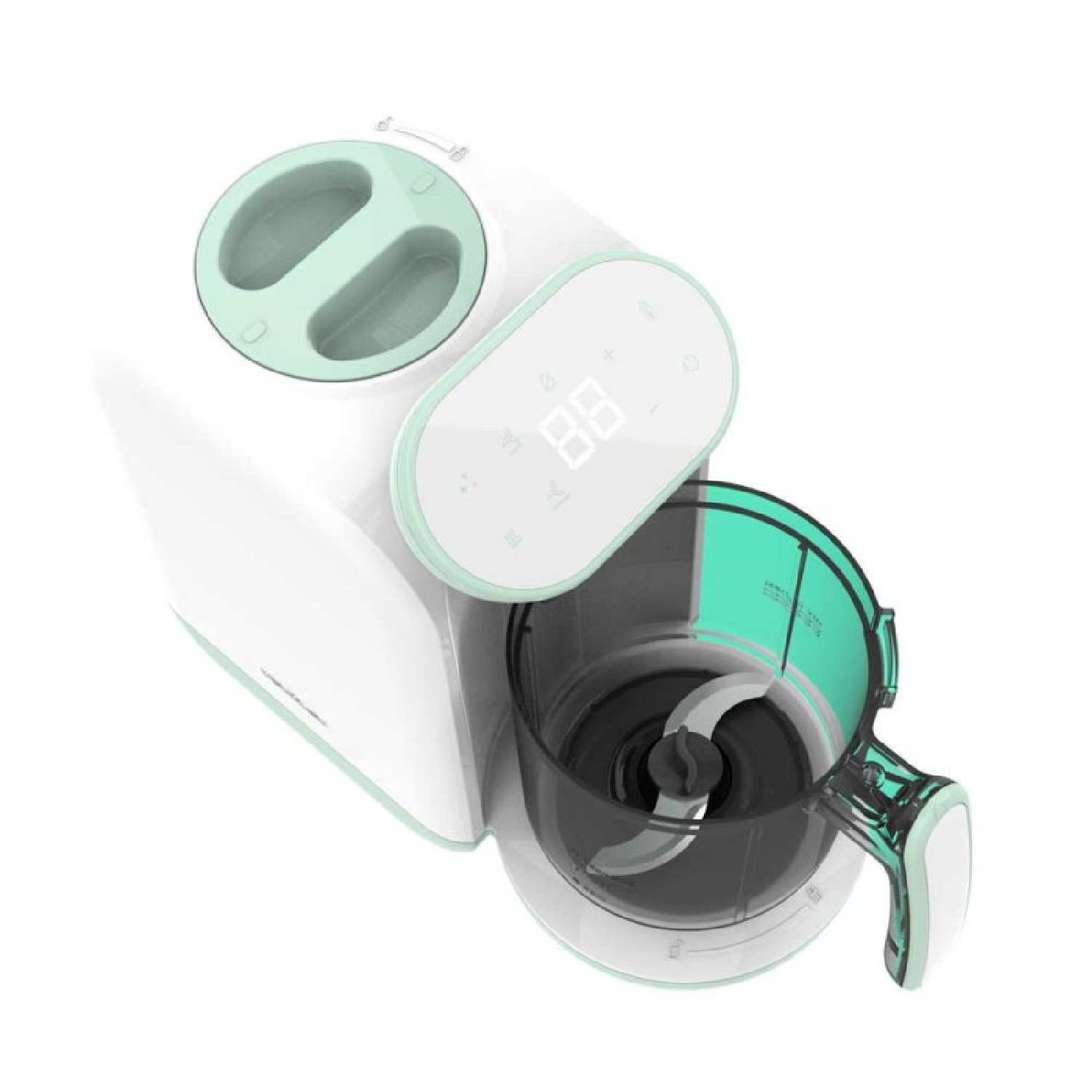 Un robot per alimenti per bambini bianco e verde menta con display digitale.