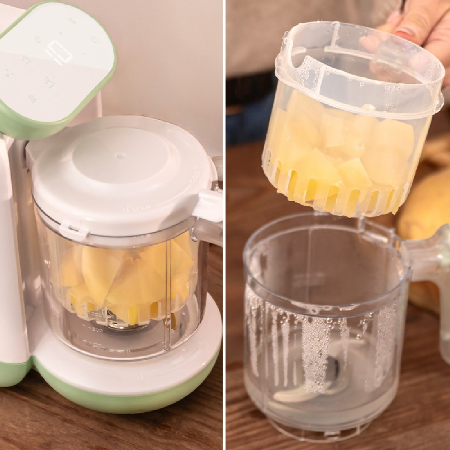 Un robot per alimenti per bambini con patate tritate in un contenitore.
