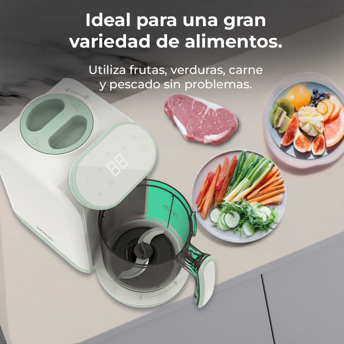 Elettrodomestico con carne cruda, frutta e verdura, ideale per cibi vari.