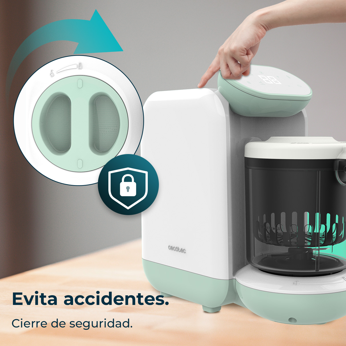 Un robot per alimenti per bambini verde e bianco, con icona di blocco di sicurezza.