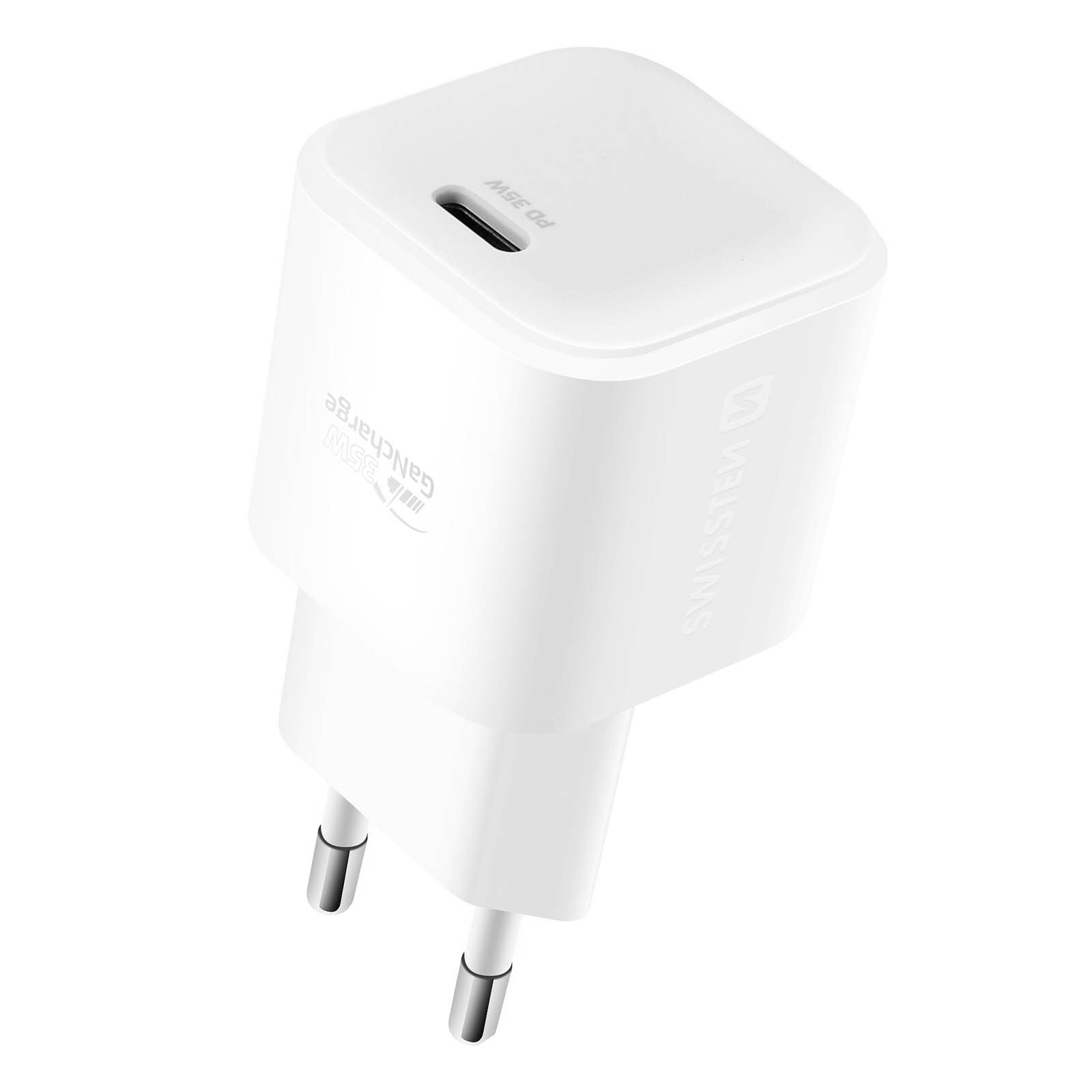 Un adattatore di ricarica bianco GaN da 35W con porta USB-C e spina UE.