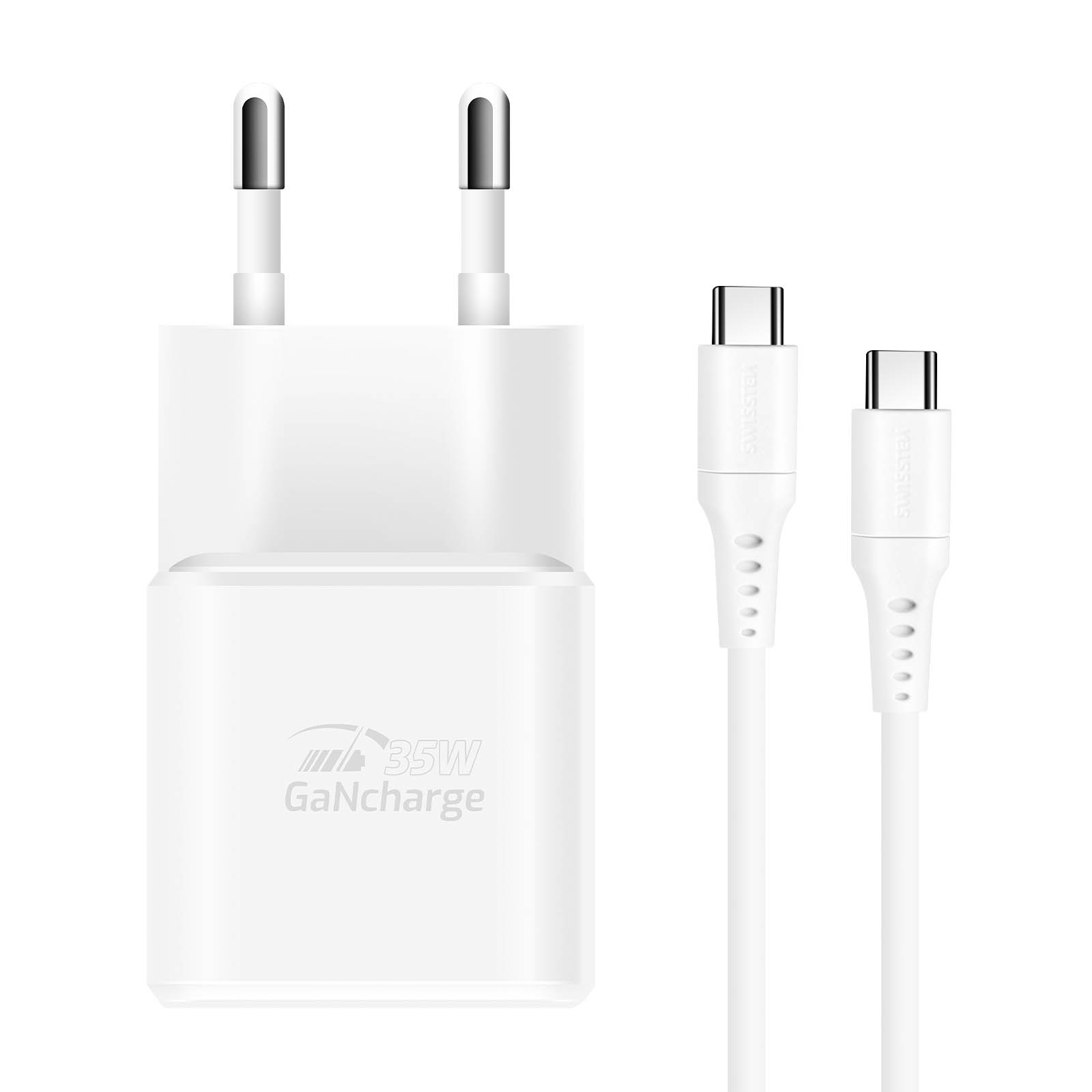 Un adattatore caricatore bianco GaN da 35W con due cavi USB-C.