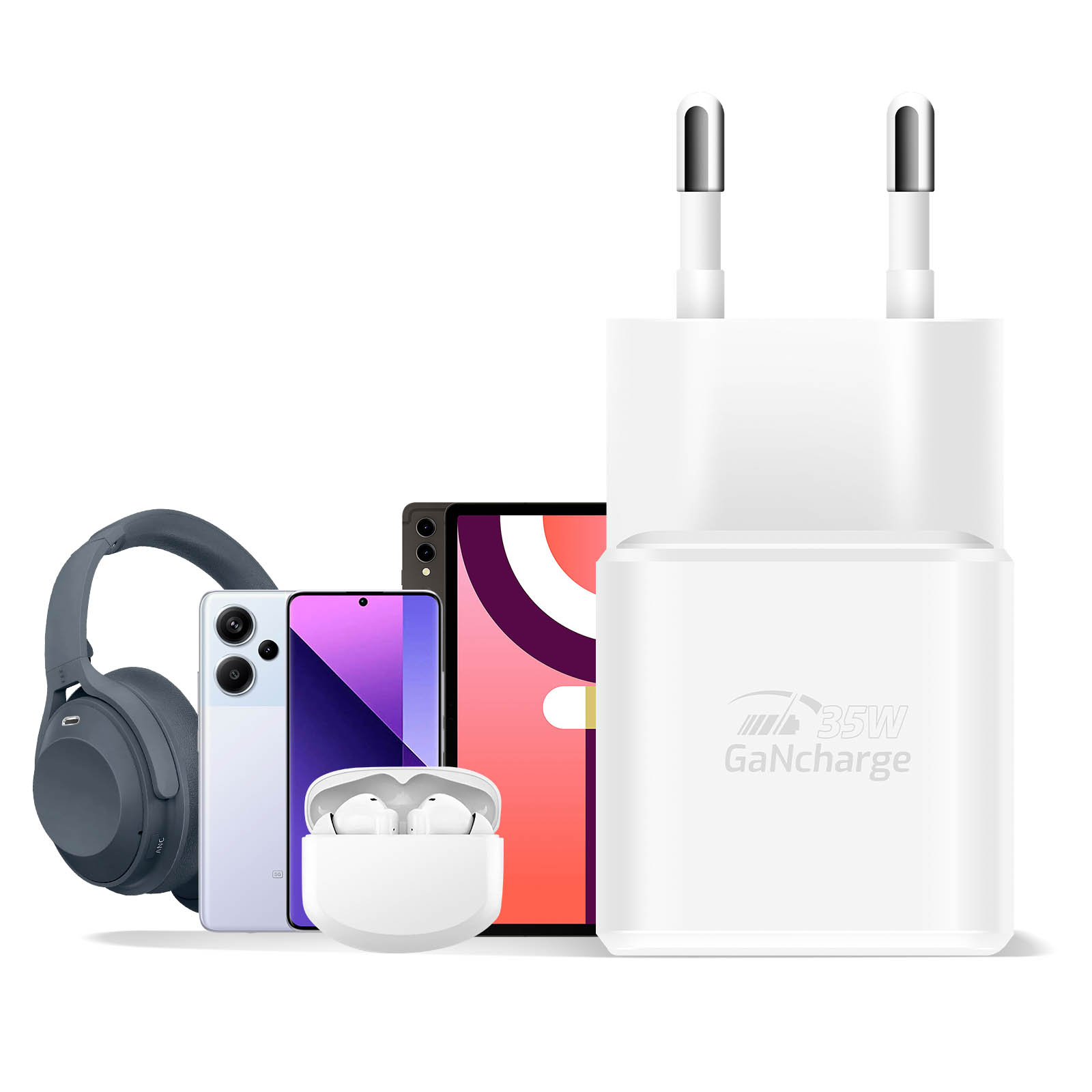 Cuffie grigie, smartphone bianchi, auricolari bianchi e un caricatore bianco.