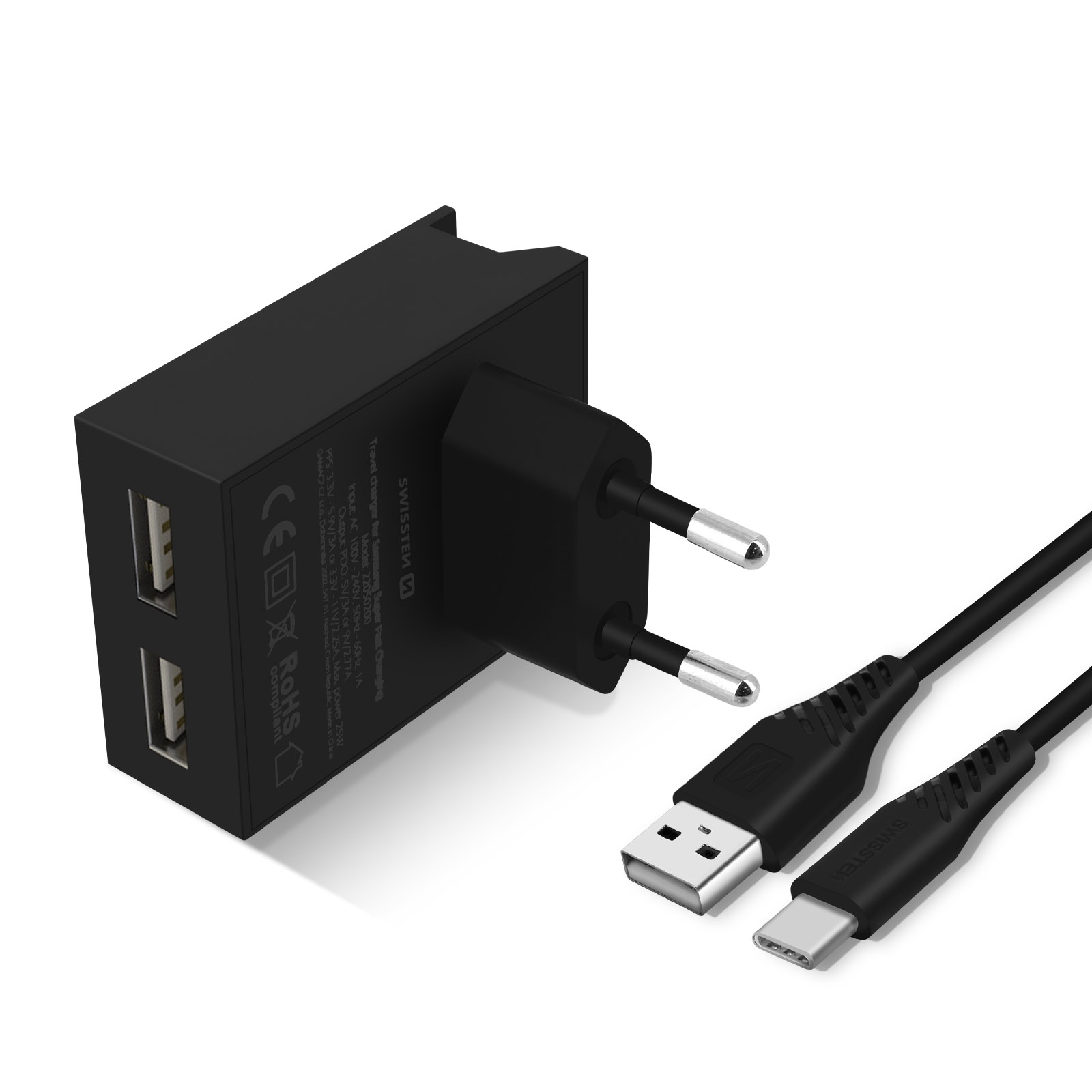 Un caricatore USB nero con due porte USB e un cavo di tipo C.