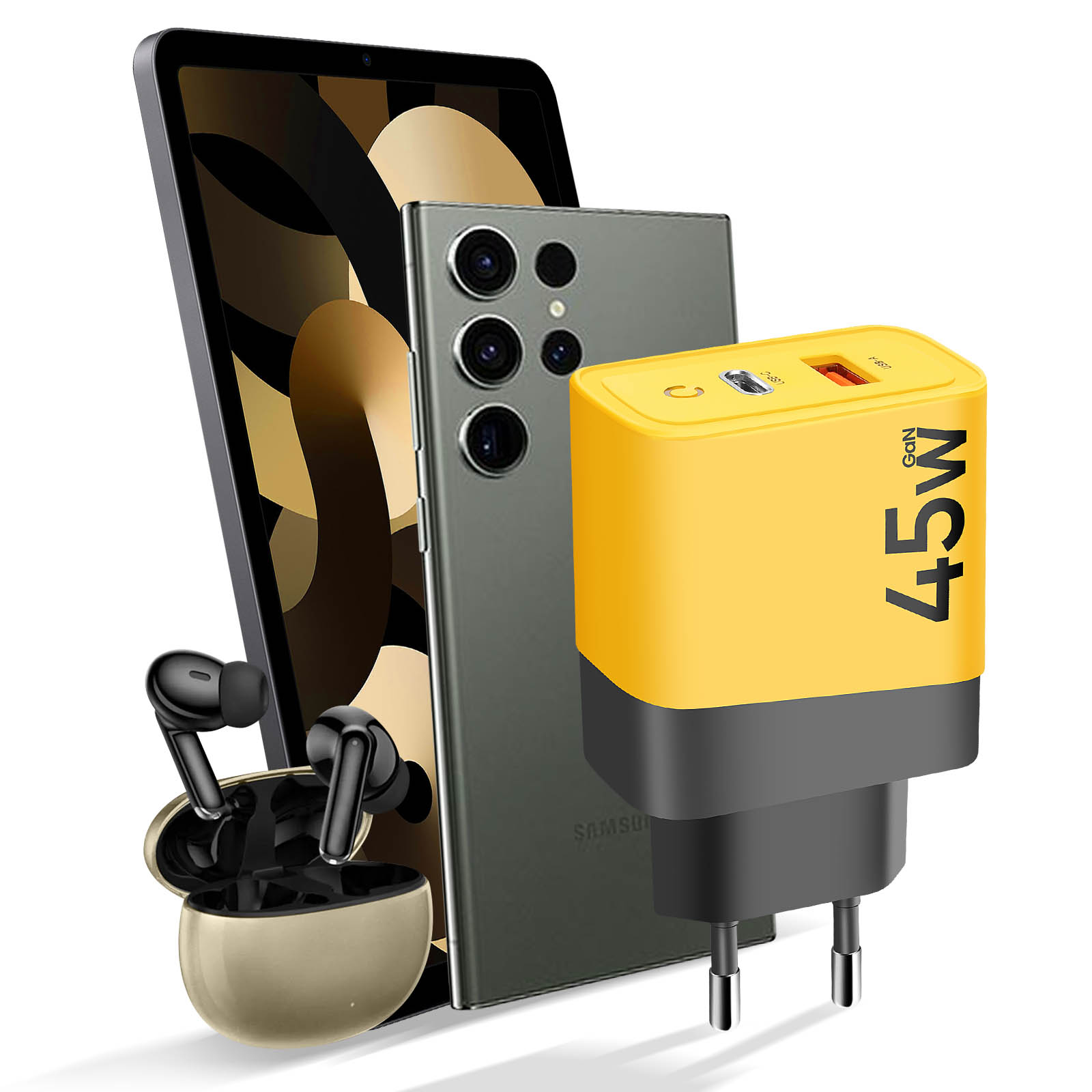 Caricabatterie giallo da 45W, smartphone, auricolari e tablet su sfondo bianco.