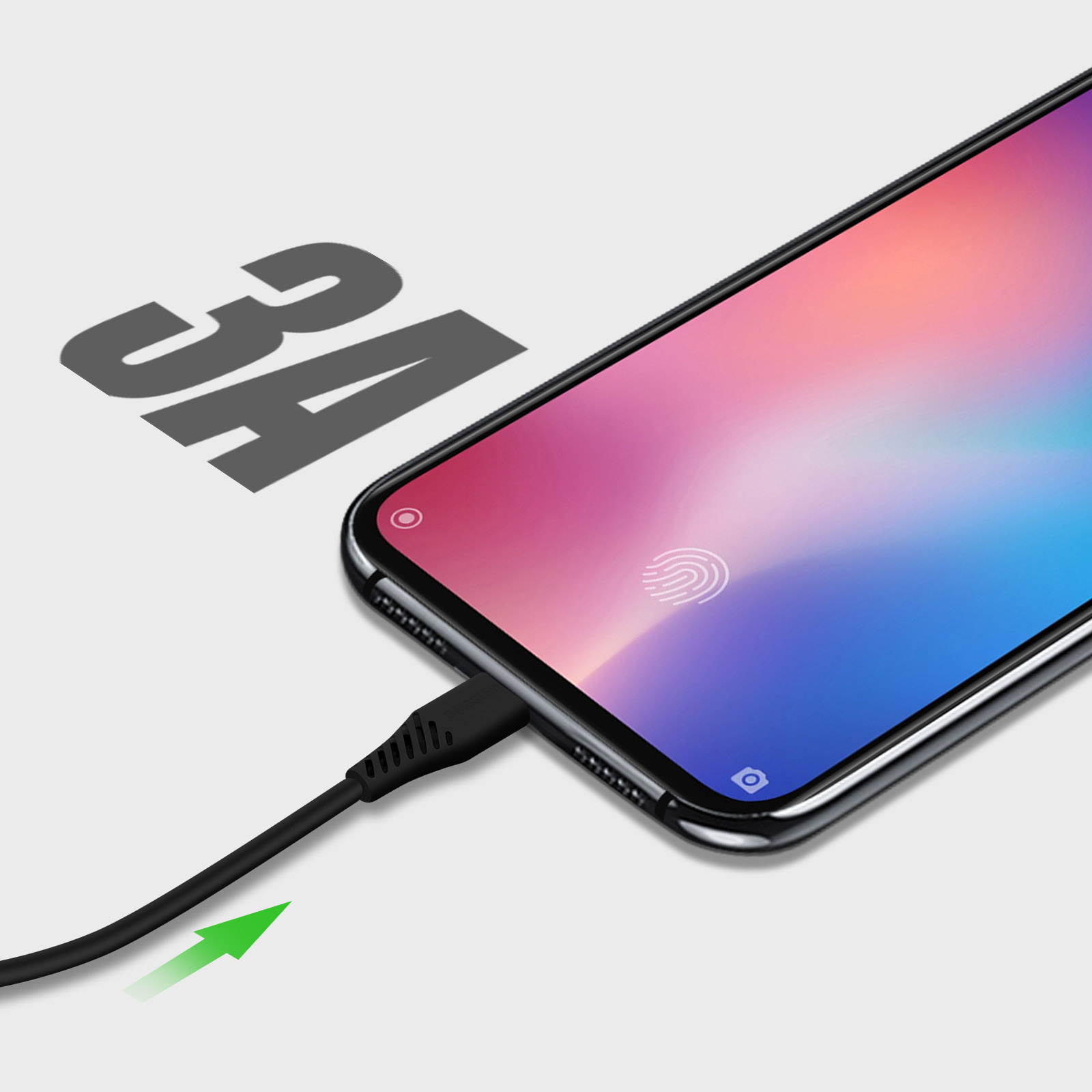 Uno smartphone si sta caricando con un cavo nero. È visibile il numero 3A.