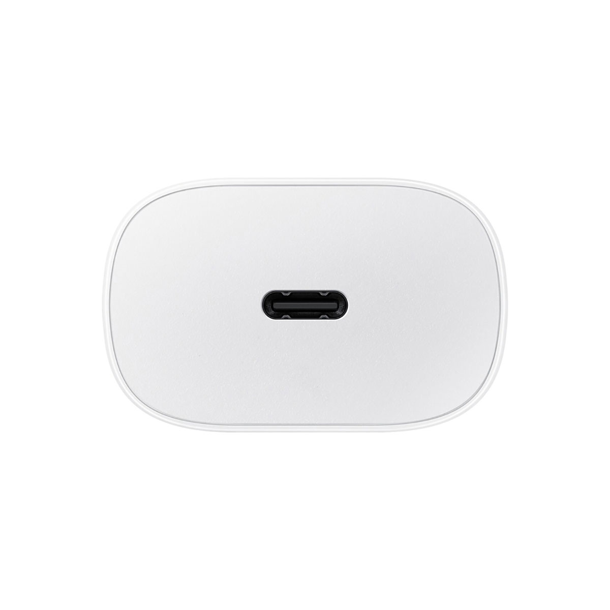 Un caricabatterie bianco con porta USB-C al centro.