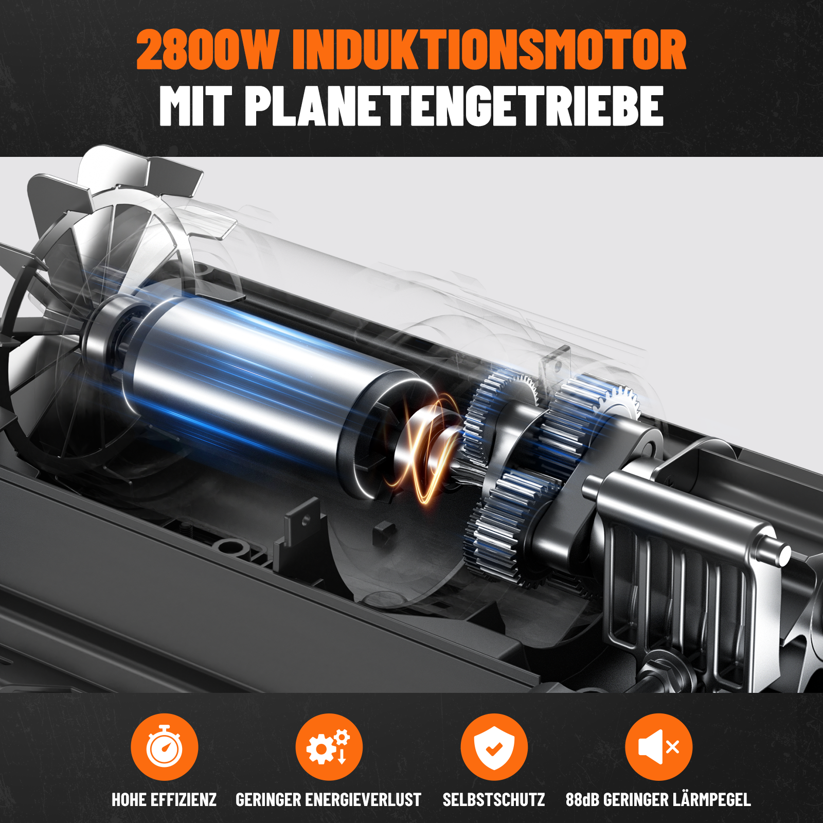 2800W Induktionsmotor mit Planetenge triebe. Hohe Effizienz, geringer Energieverlust.