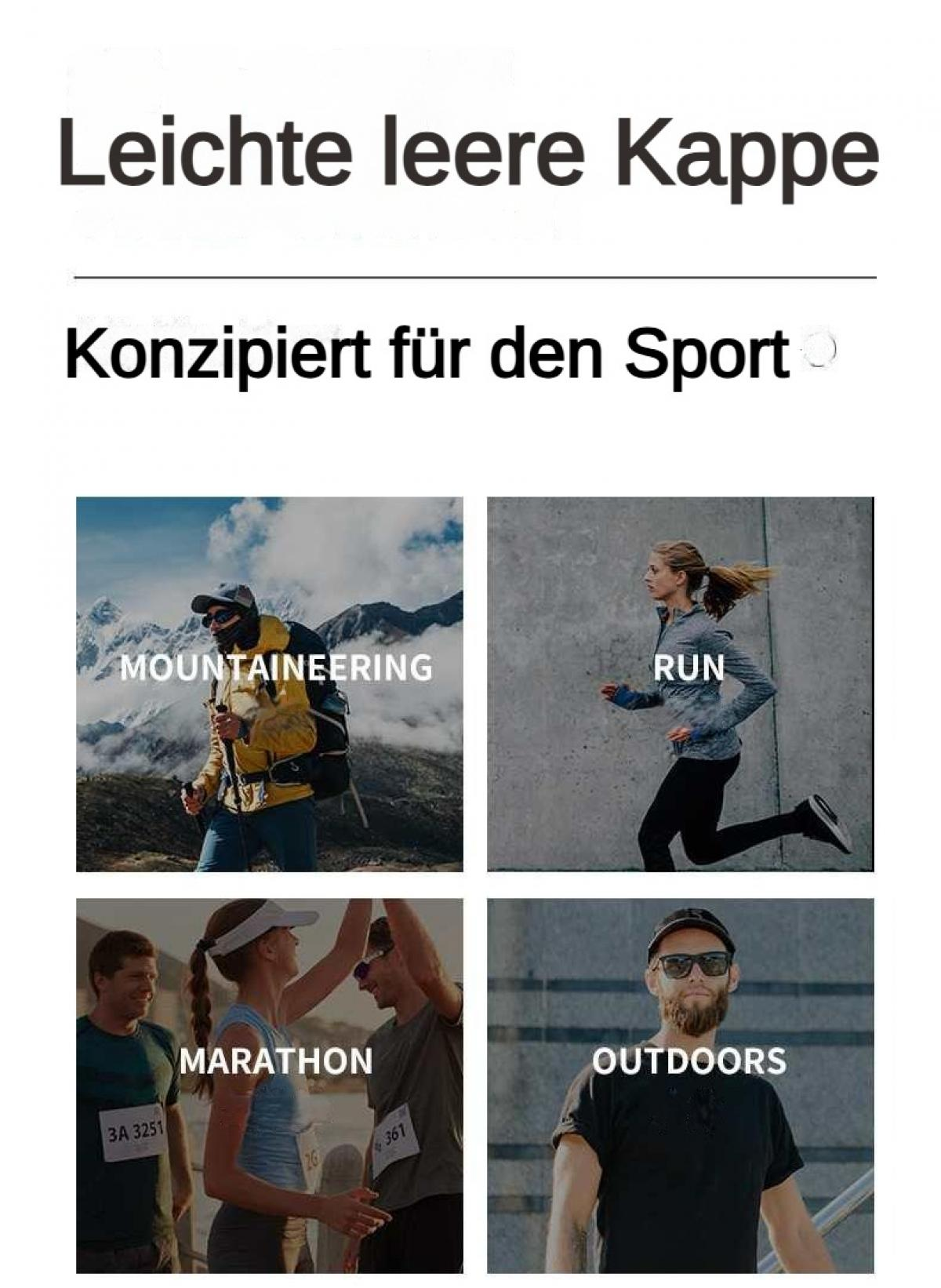 Vier Bilder zeigen Sportarten: Bergsteigen, Laufen, Marathon, Outdoor.