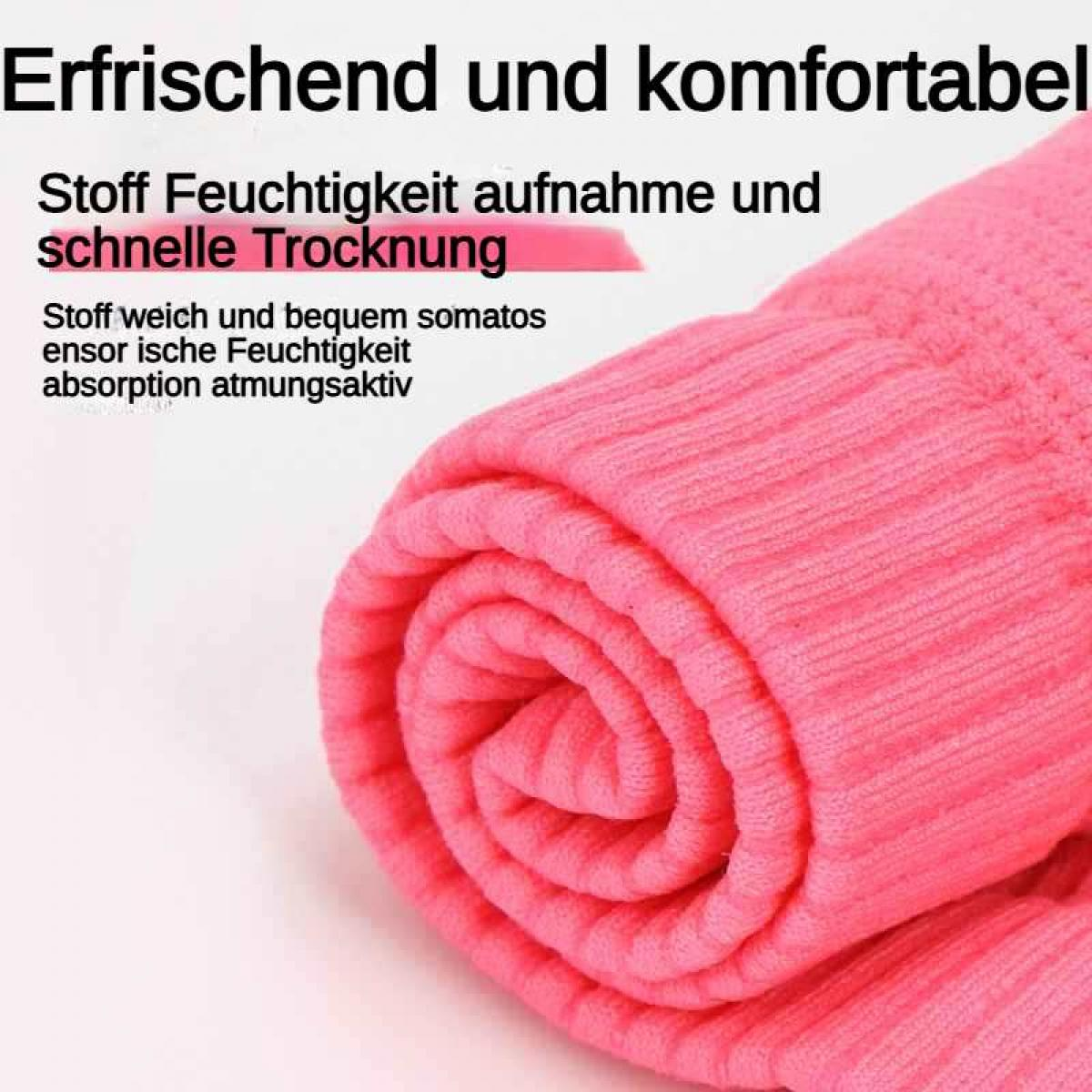 Ein aufgerolltes Stück pinker Stoff mit Text über Feuchtigkeitsaufnahme.