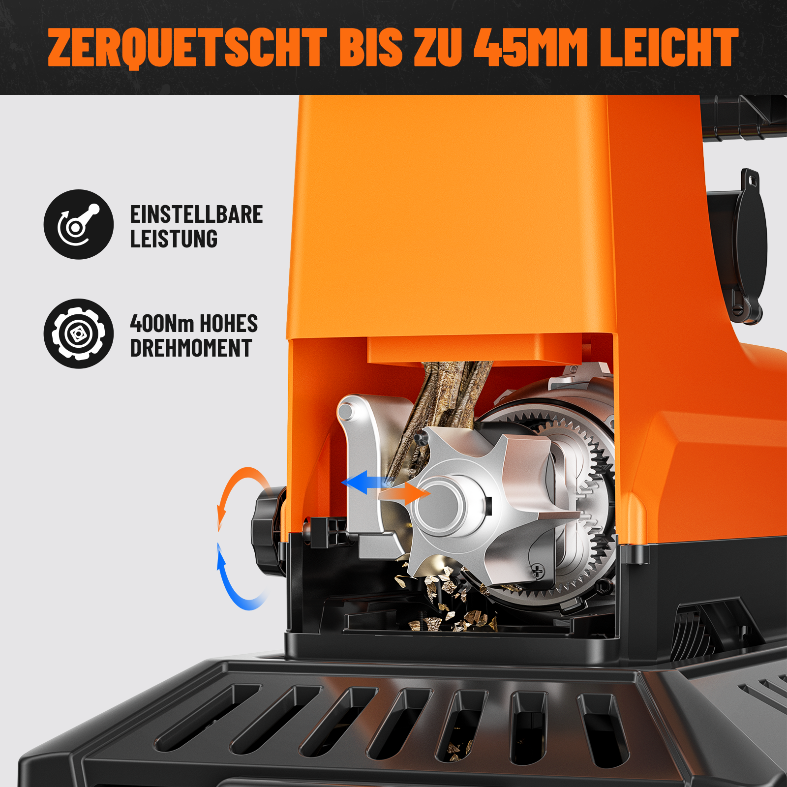 Zerkleinerer mit orangefarbenem Gehäuse, Metallklingen und zerkleinertem Material.