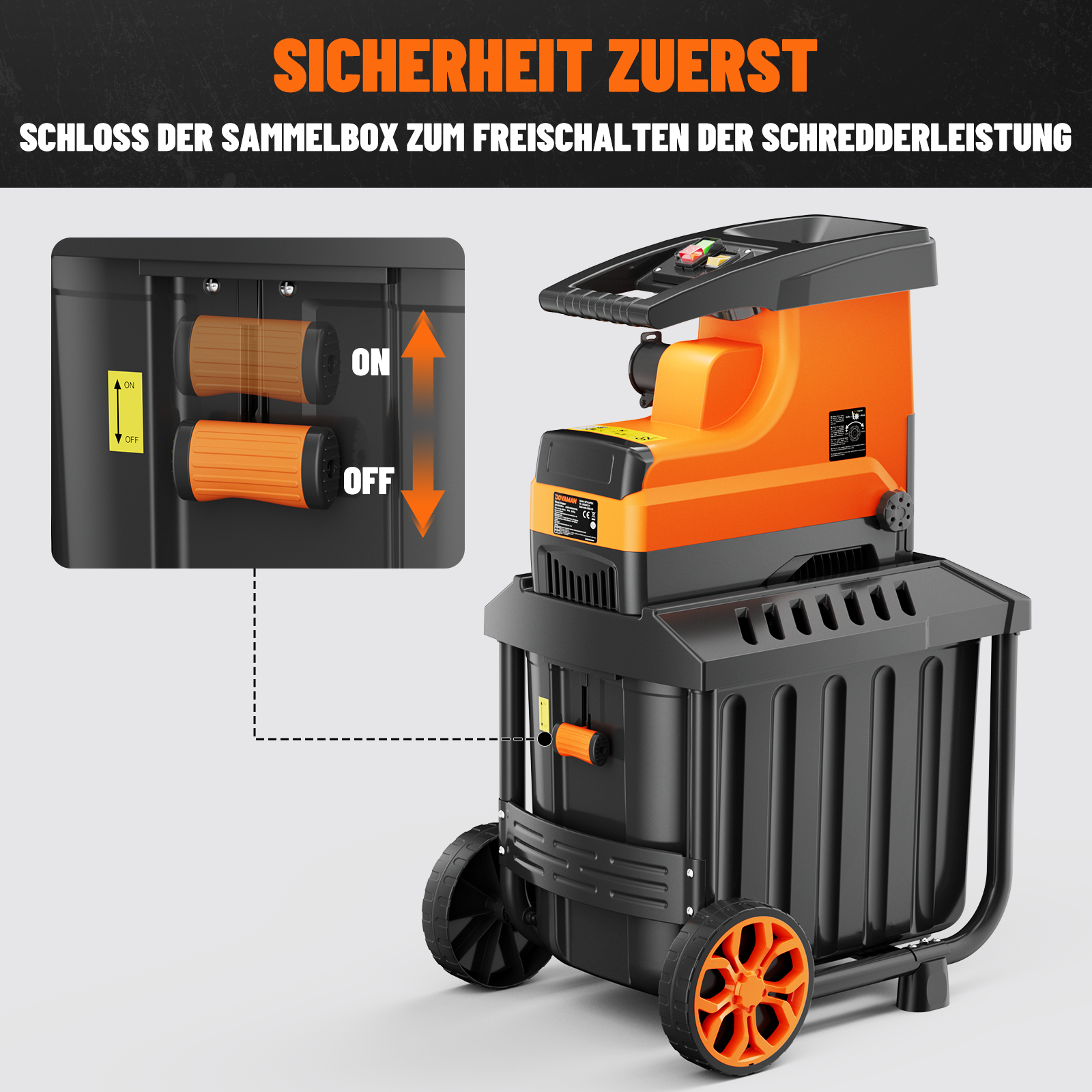 Ein orange-schwarzer Aktenvernichter mit Rädern. Nahaufnahme des Schlosses der Sammelbox.