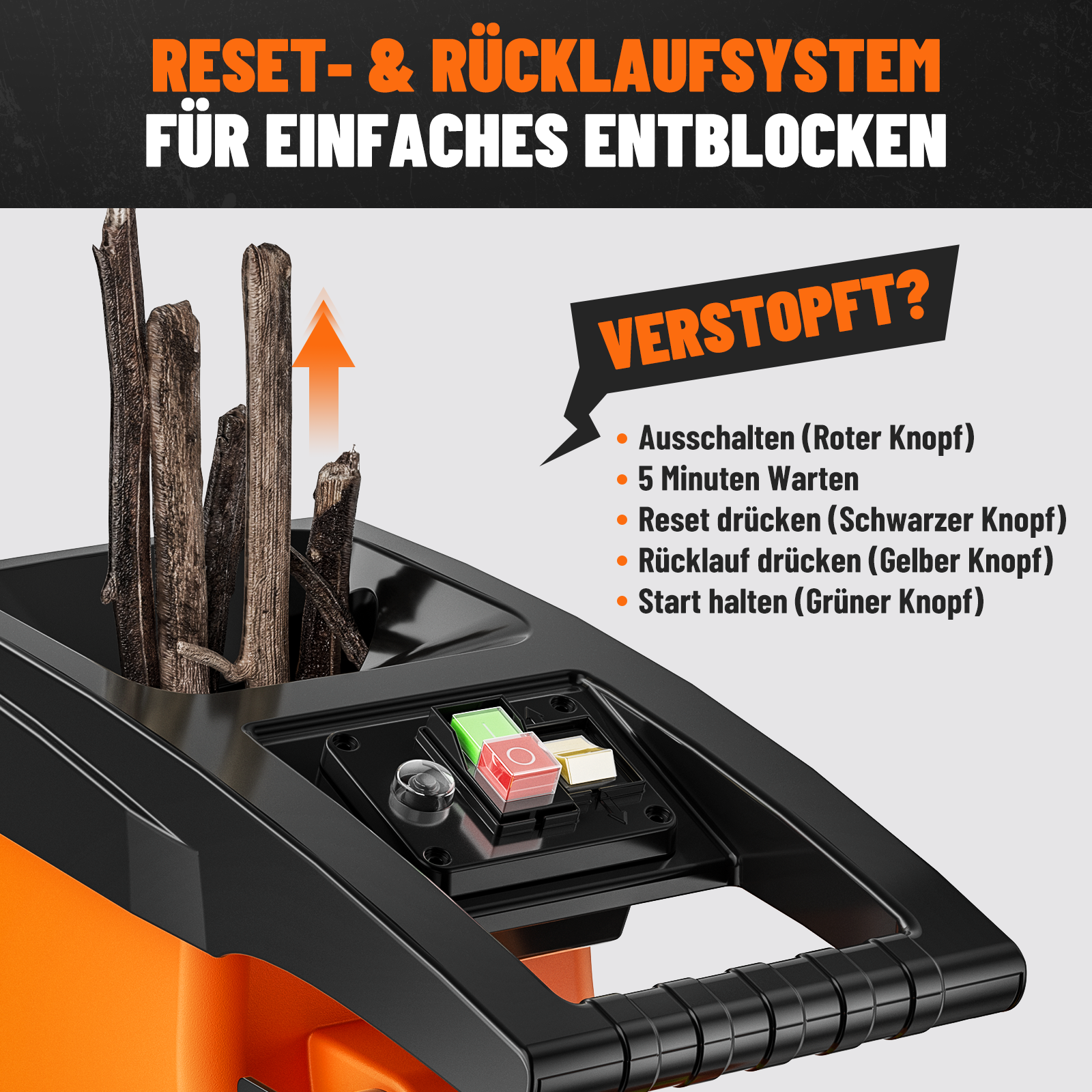 Holzstücke stecken in einem orangefarbenen Gerät. Anweisungen zur Entblockung sind auf Deutsch.