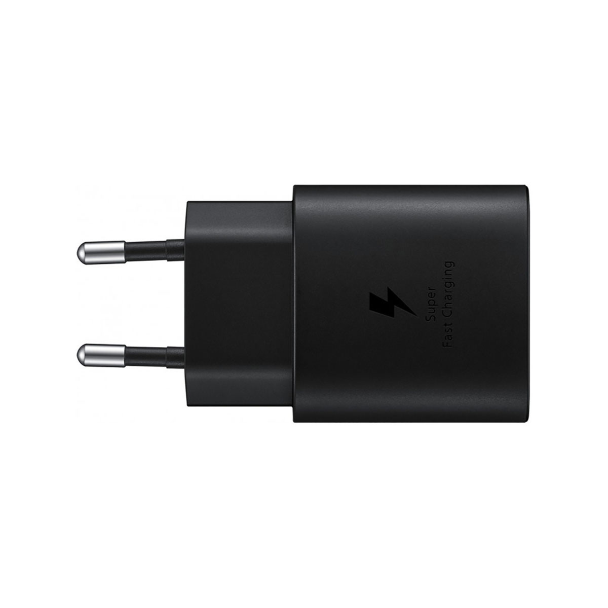 Schwarzer Super Fast Charging Netzstecker mit Blitzsymbol.