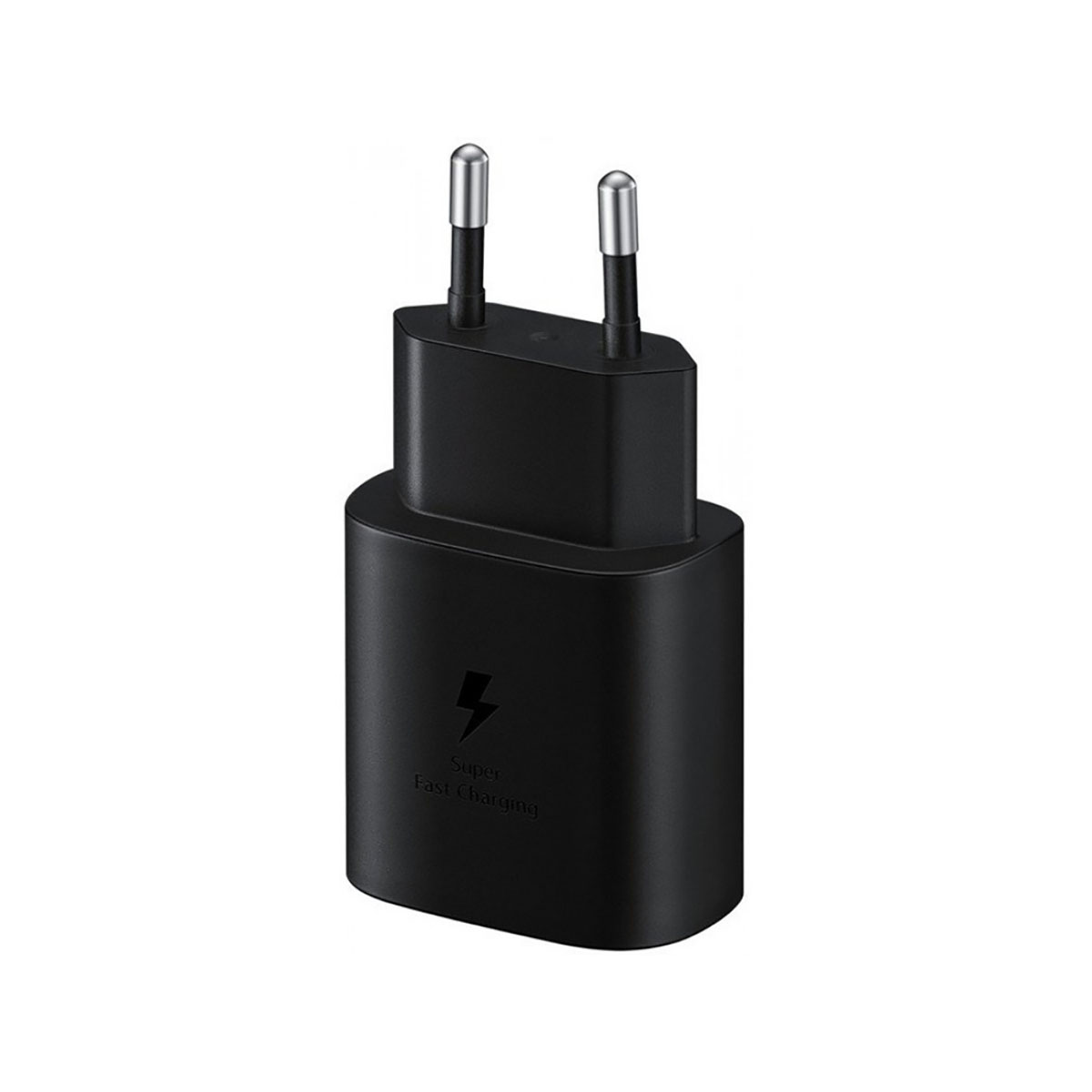 Schwarzes Ladegerät mit zwei silbernen Stiften und der Aufschrift "Super Fast Charging".