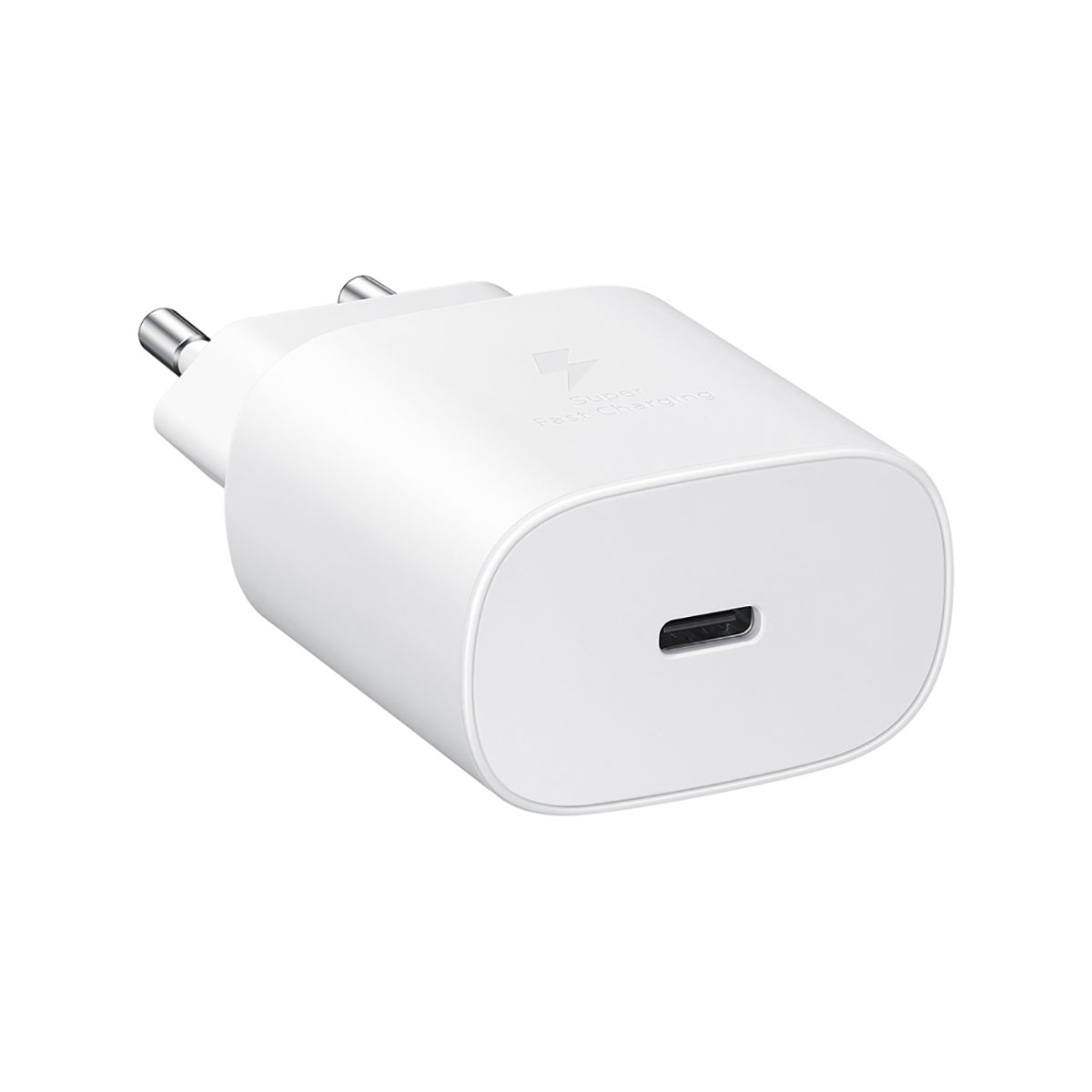 Ein weißes Schnellladegerät mit USB-C-Anschluss und zwei Stiften.