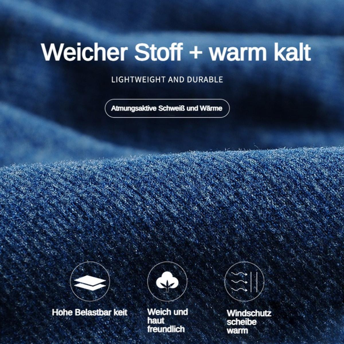 Blauer Stoff mit Text: Weicher Stoff + warm kalt, atmungsaktiv, leicht.
