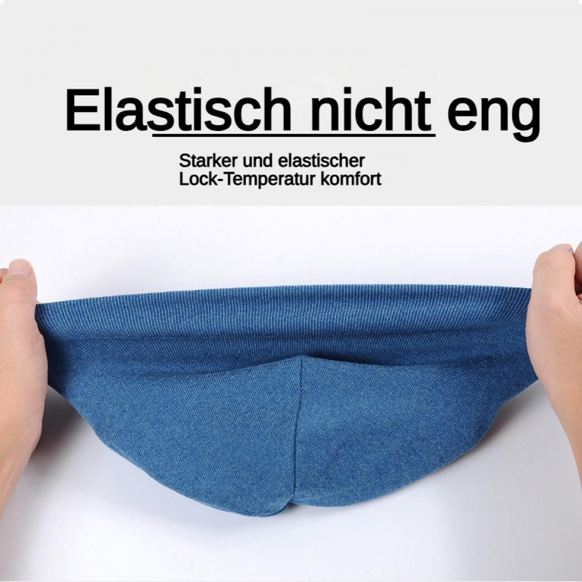 Hände dehnen ein blaues Kleidungsstück, das "Elastisch nicht eng" heißt.