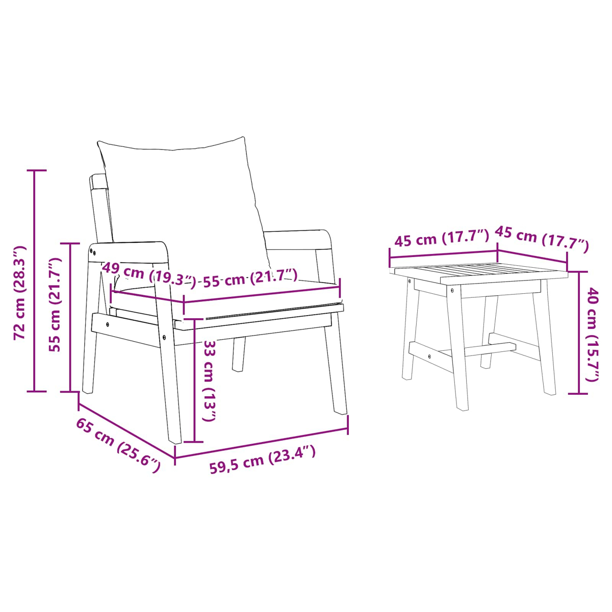 Gartenstuhl und Tisch mit Maßen. Stuhl: 72x65x59,5cm. Tisch: 40x45x45cm.