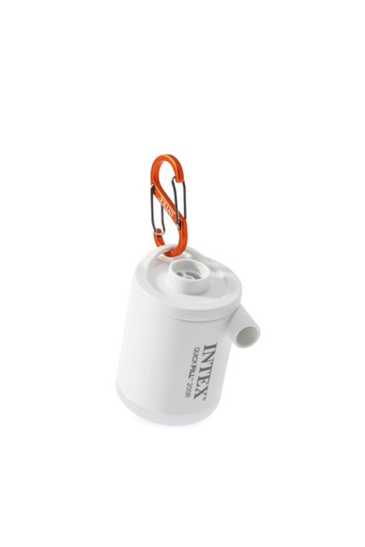 Weiße Luftpumpe mit orangefarbenem Karabinerhaken, beschriftet mit 'INTEX'.