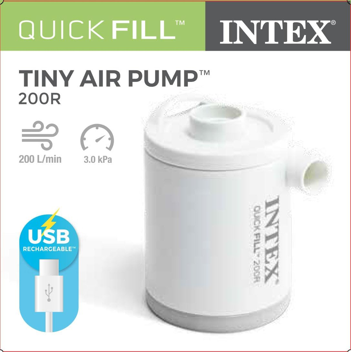 Weißer Intex Tiny Air Pump 200R mit USB-Ladefunktion und Luftstromanzeige.