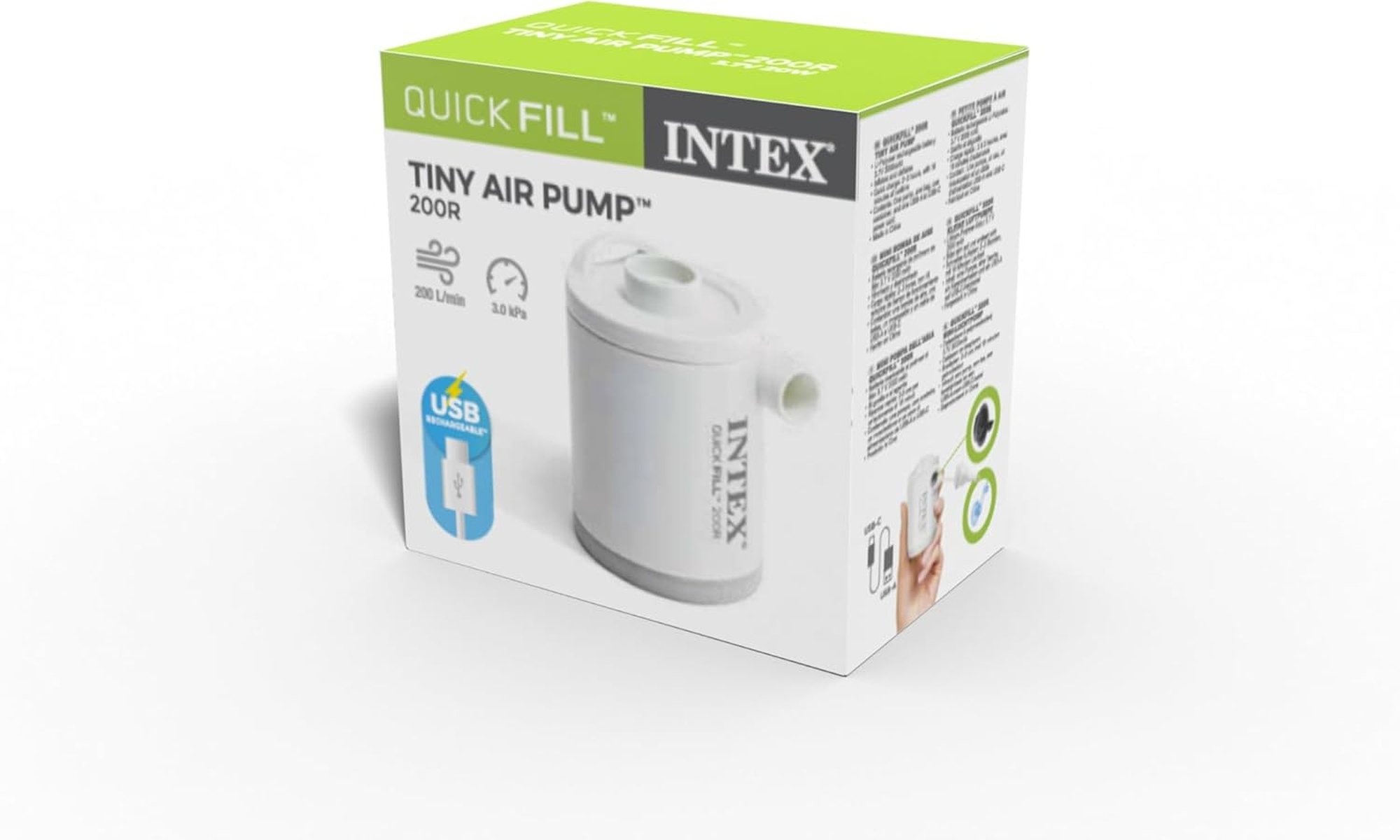 Intex Quick Fill Tiny Air Pump 200R mit USB-Aufladung, weiß, mit Luftstromsymbol.