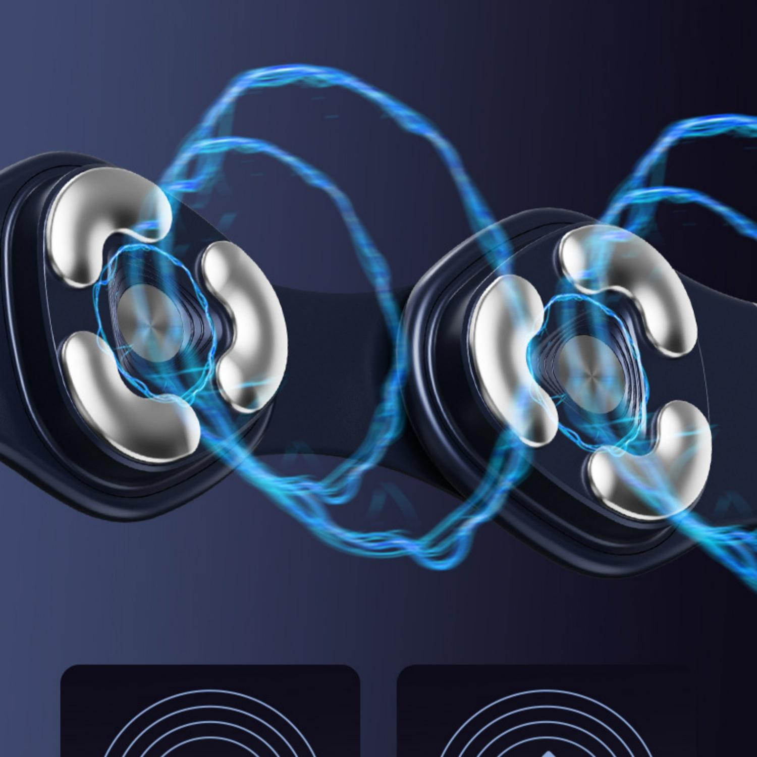 Nahaufnahme von zwei metallischen Elementen mit blauen Energiewellen dazwischen.