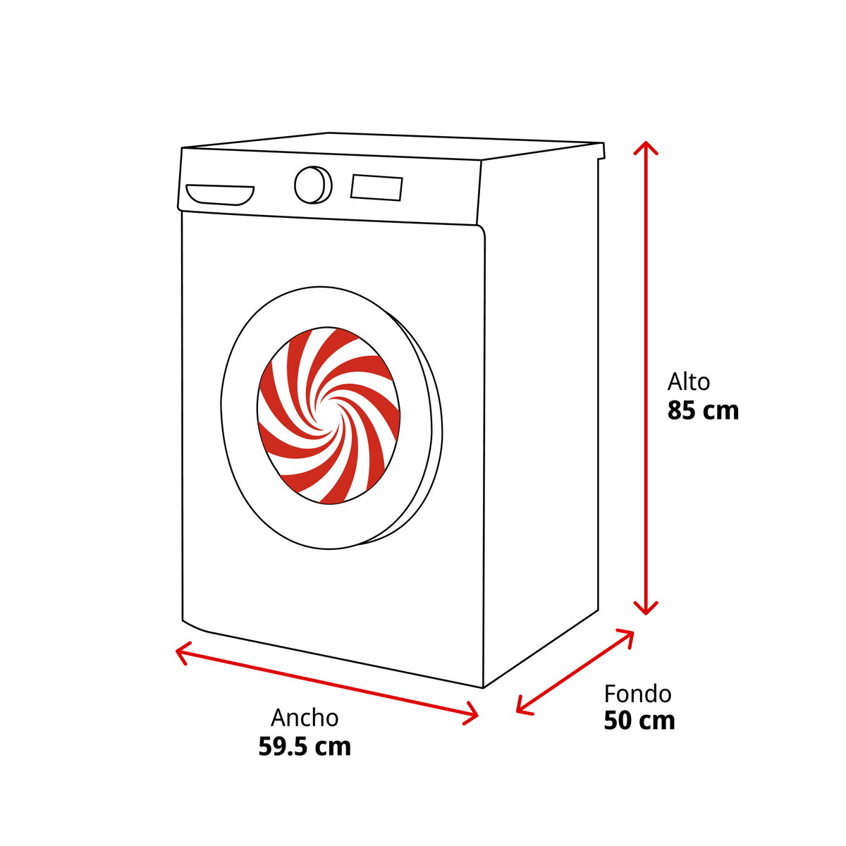 Lavatrice con motivo a spirale rosso e bianco sulla porta, dimensioni 85x59.5x50cm.