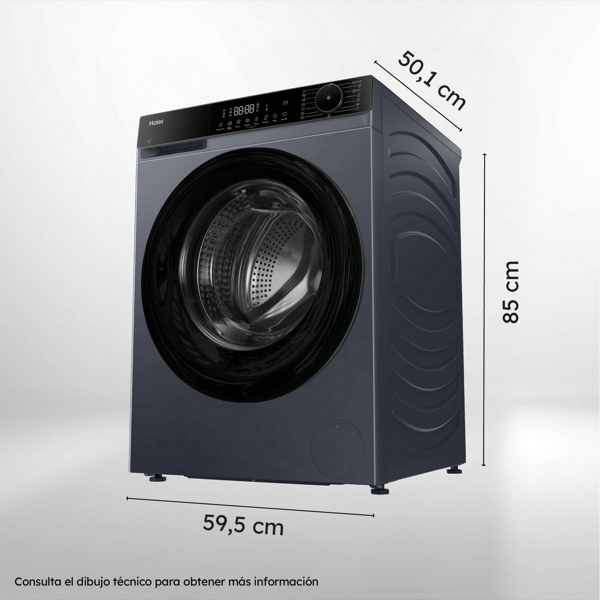 Lavatrice grigia Haier con display digitale. Dimensioni: 59,5x50,1x85 cm.