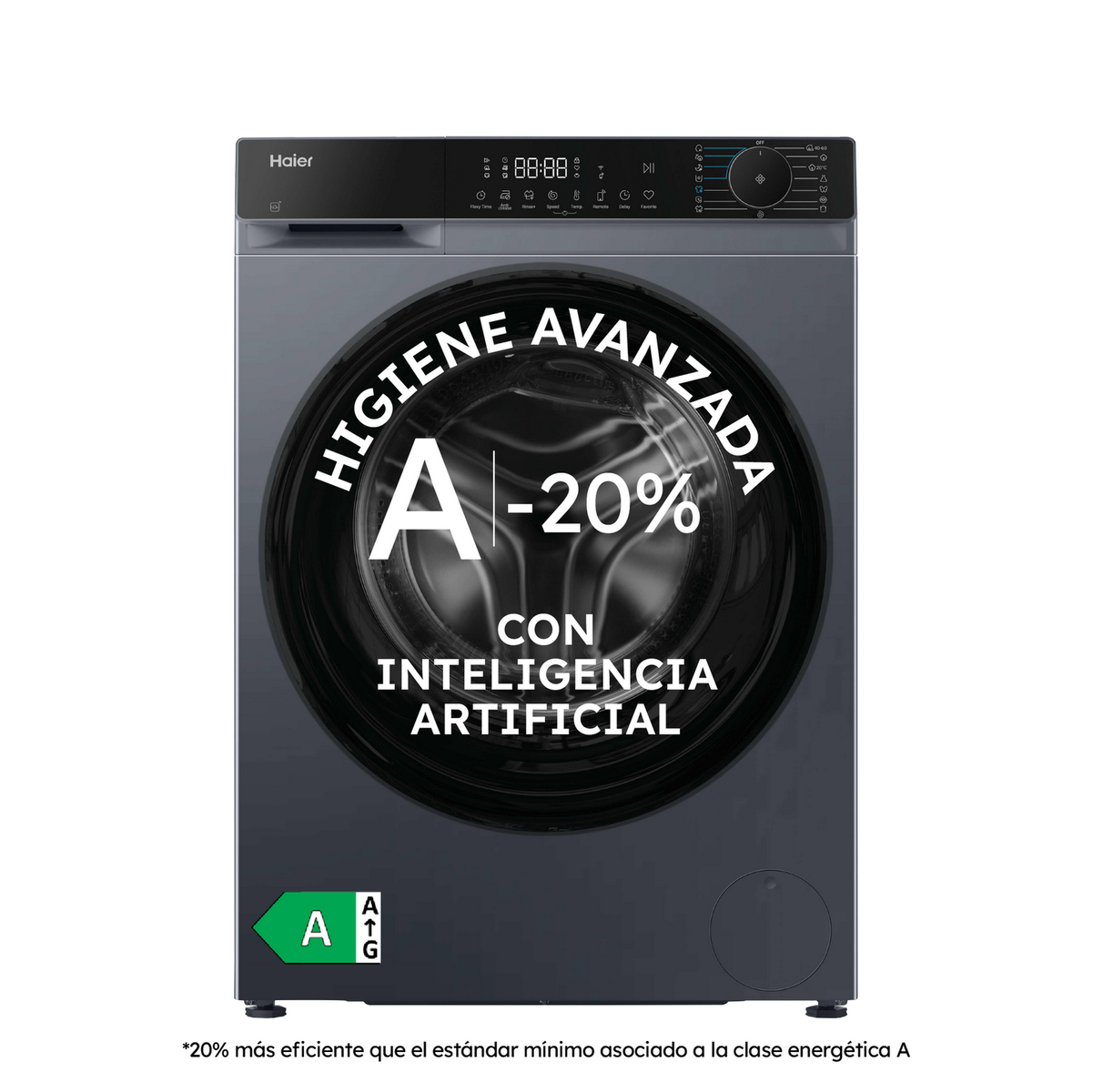 Lavatrice Haier grigia con display digitale e classe energetica A.