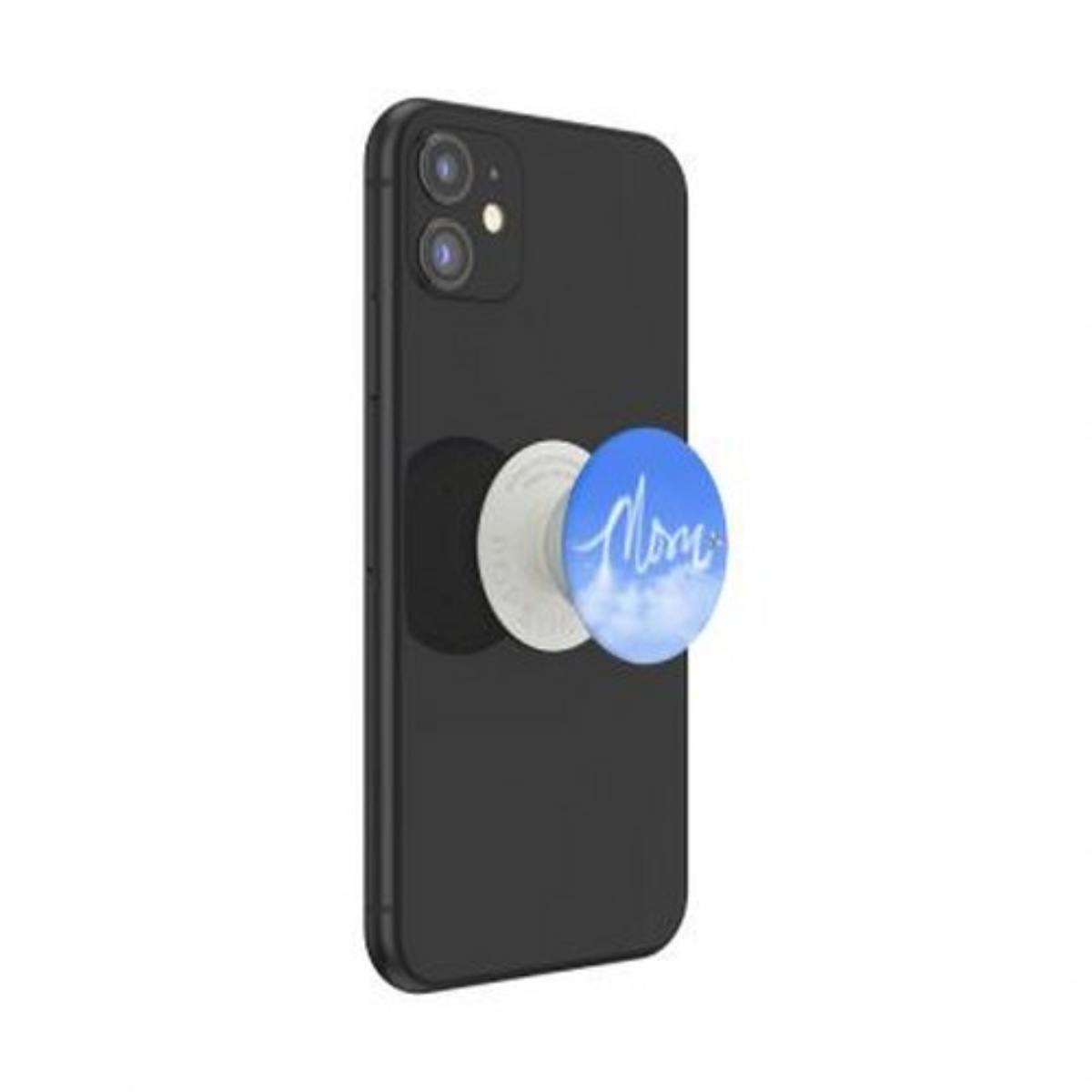 Smartphone nero con impugnatura blu con la scritta "Mom"